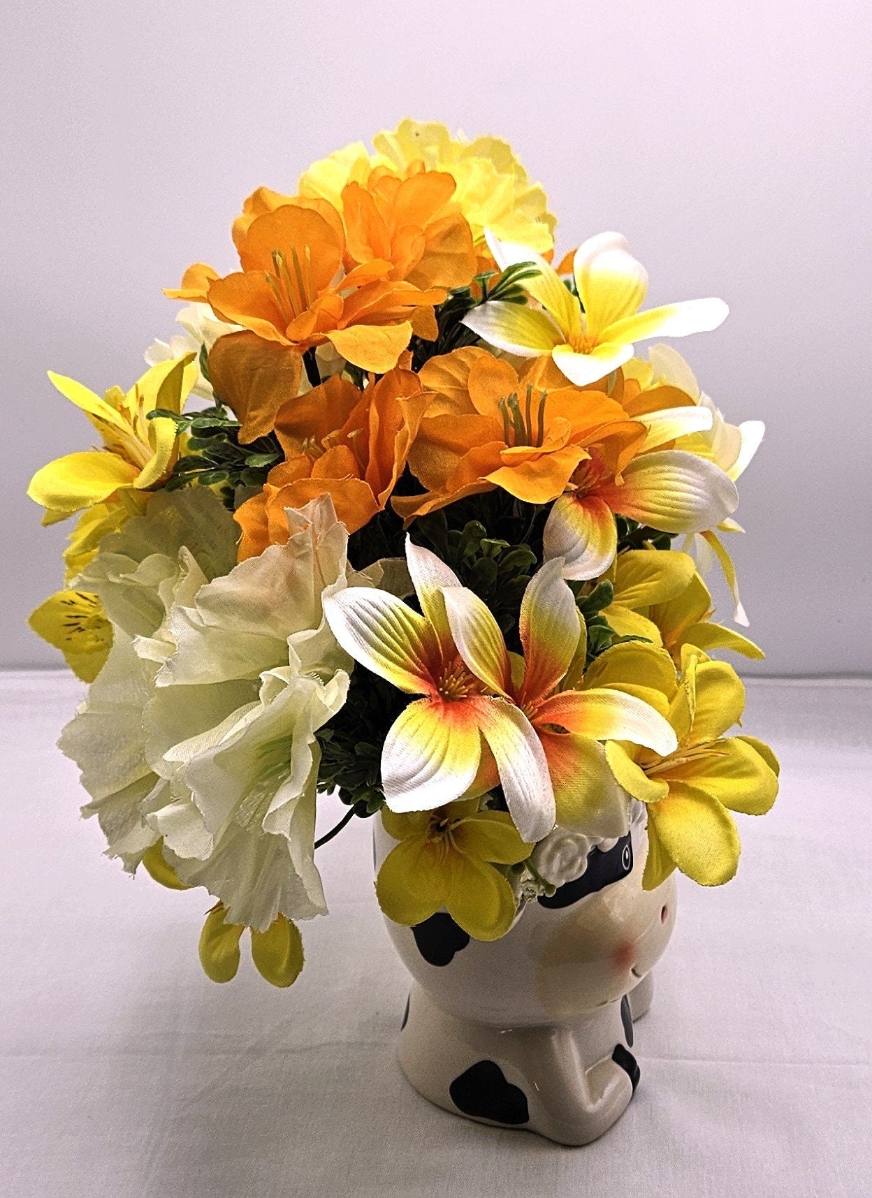 Adorable Cow Ceramic Flower Arranngement, Whimsical Cow Adorned with peach/orange/yellow Lilies/Cosmos/Petunias, Cow Lover Gift, Farmhouse