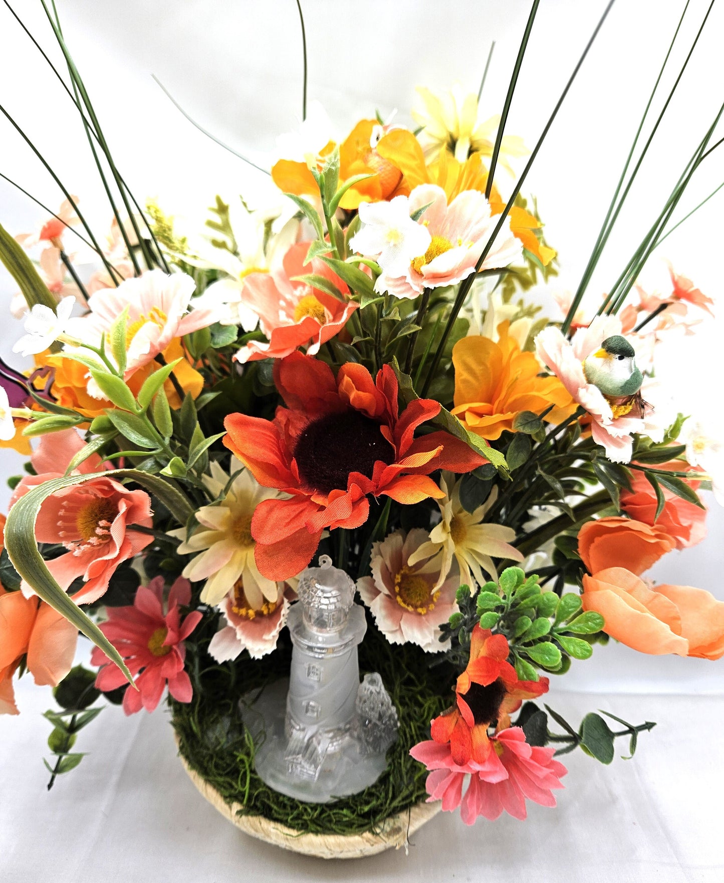 Flower Arrangement featuring a Crystal-Like Lighthouse, Yellow/Peach Wildflowers, Owl/Bird Accents/ Great Tropical Gift or Home Decor