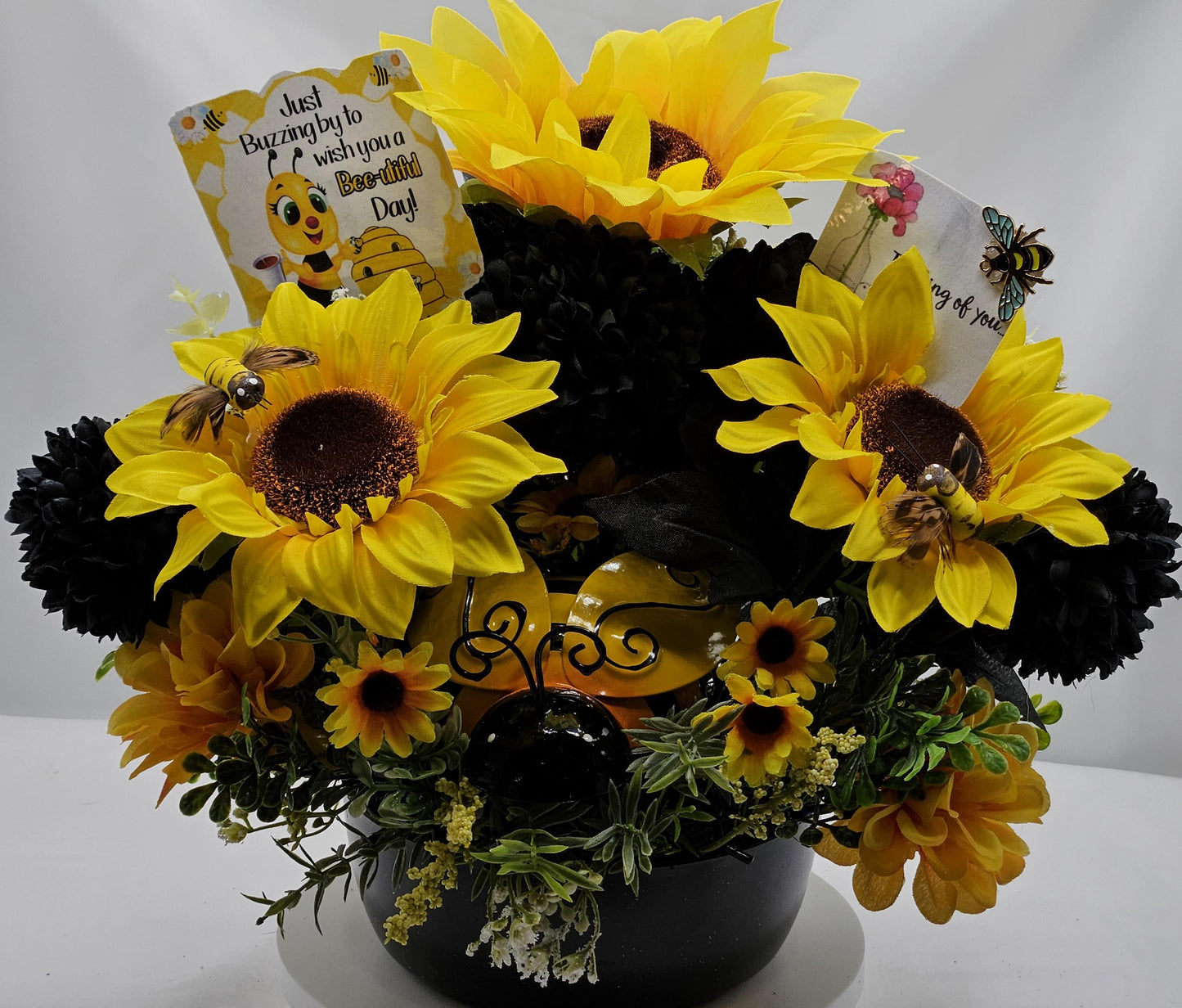 Thinking of You, Buzzing By Bee Lovers Floral Arrangement, Large Bee w/Bee accents, Yellow Sunflowers/Black Carnations Set in Black Bowl