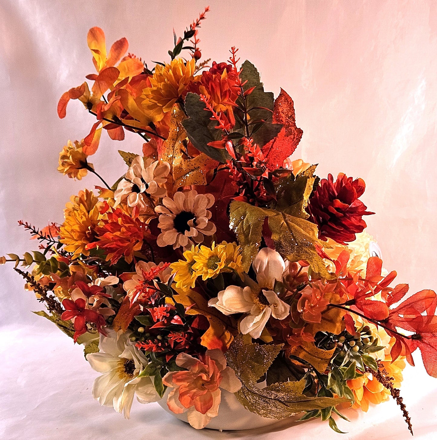 Flower Arrangement Featuring Handmade Carnation and Mum Flower Floppy-Eared Dog with Pumpkins, Mums, Pinecones/other Fall Flowers