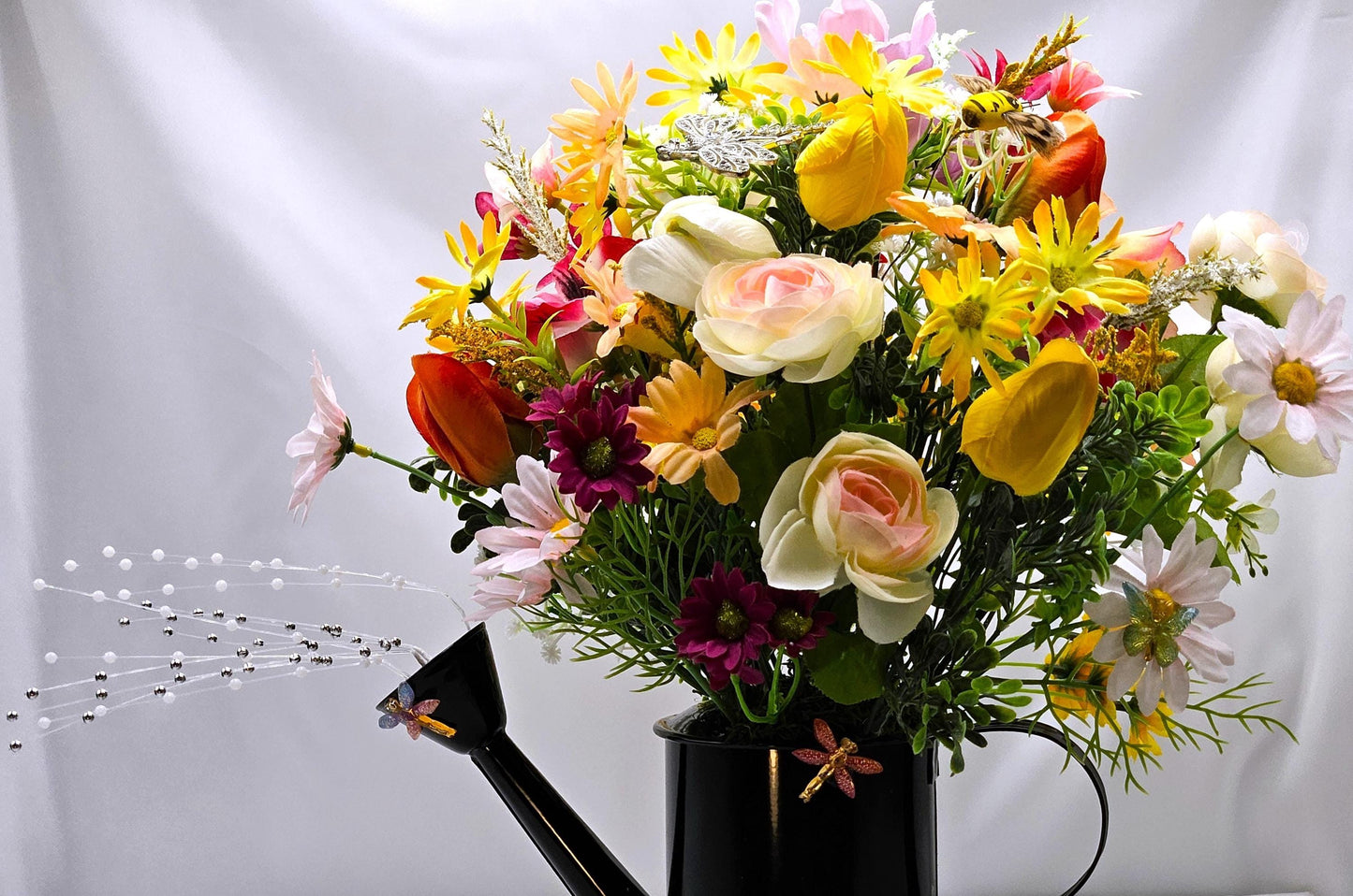 Dragonflies with Flowers - One Option Left to Brighten Your Spring/Summer W/Colorful Spring/Summer Blooms in Black Watering Can