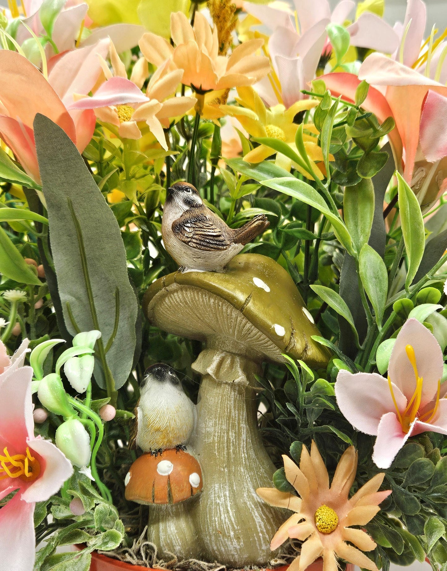 For the bird lover, Spring/Summer Floral Arrangement Set in Orange Watering Can w/Birds Atop Mushrooms/Other Bird Accents/Colorful Flowers