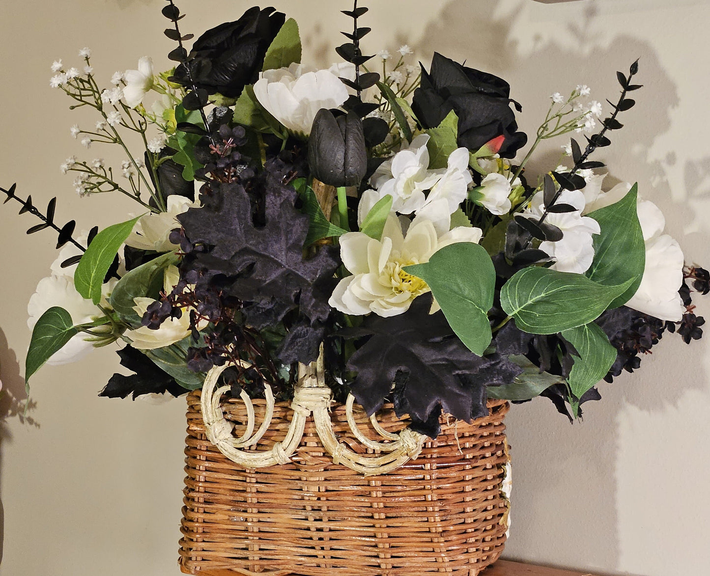 Handcrafted Floral Basket, Black & White Home Decor, Centerpiece Idea, Housewarming Gift, Floral Basket Decor