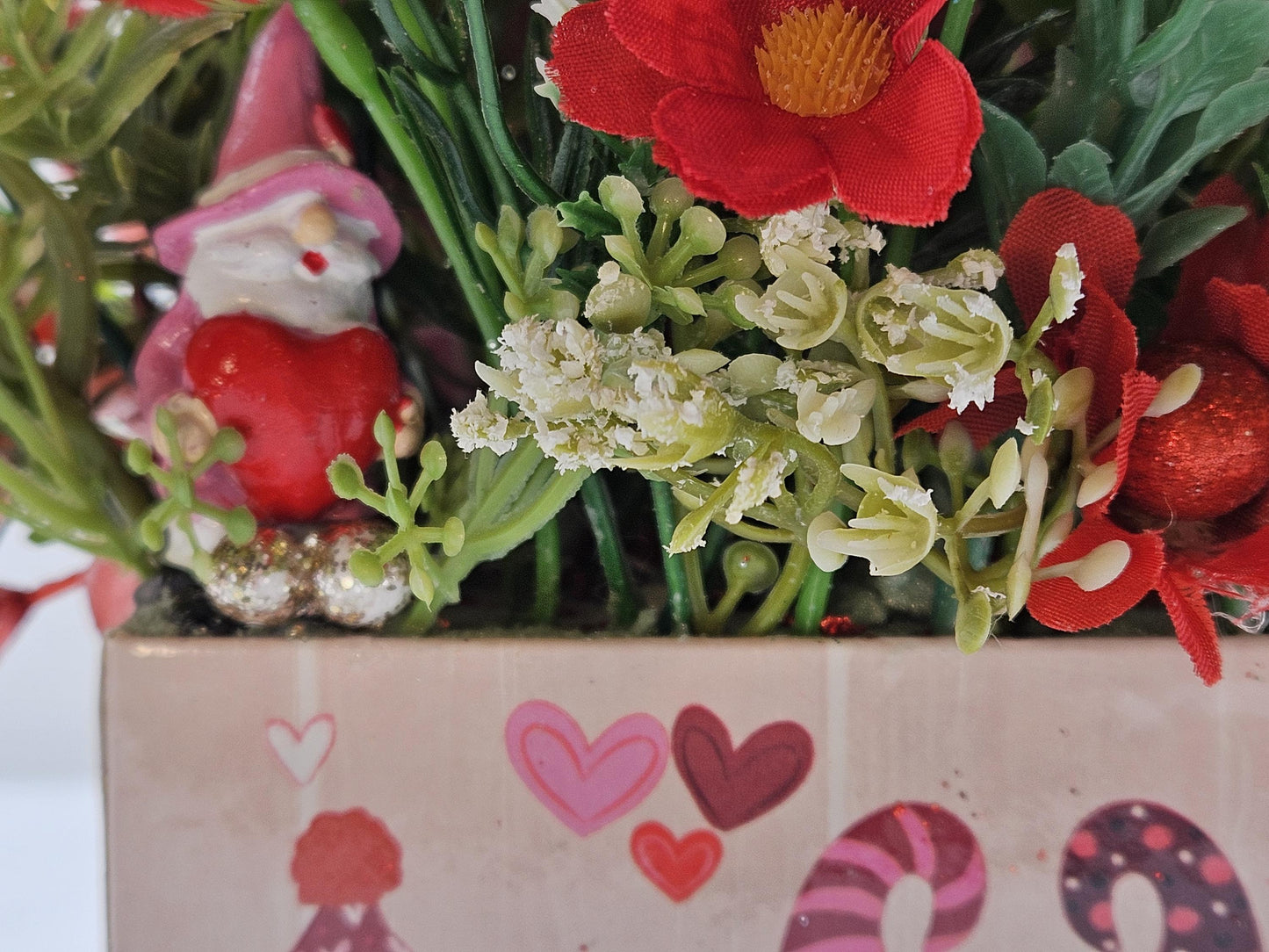 Gnome Heart Romance, Floral Arrangement in Decorated box w/lid, Two Options, Red Carnations/White Roses or Red Roses/White Carnations /Love