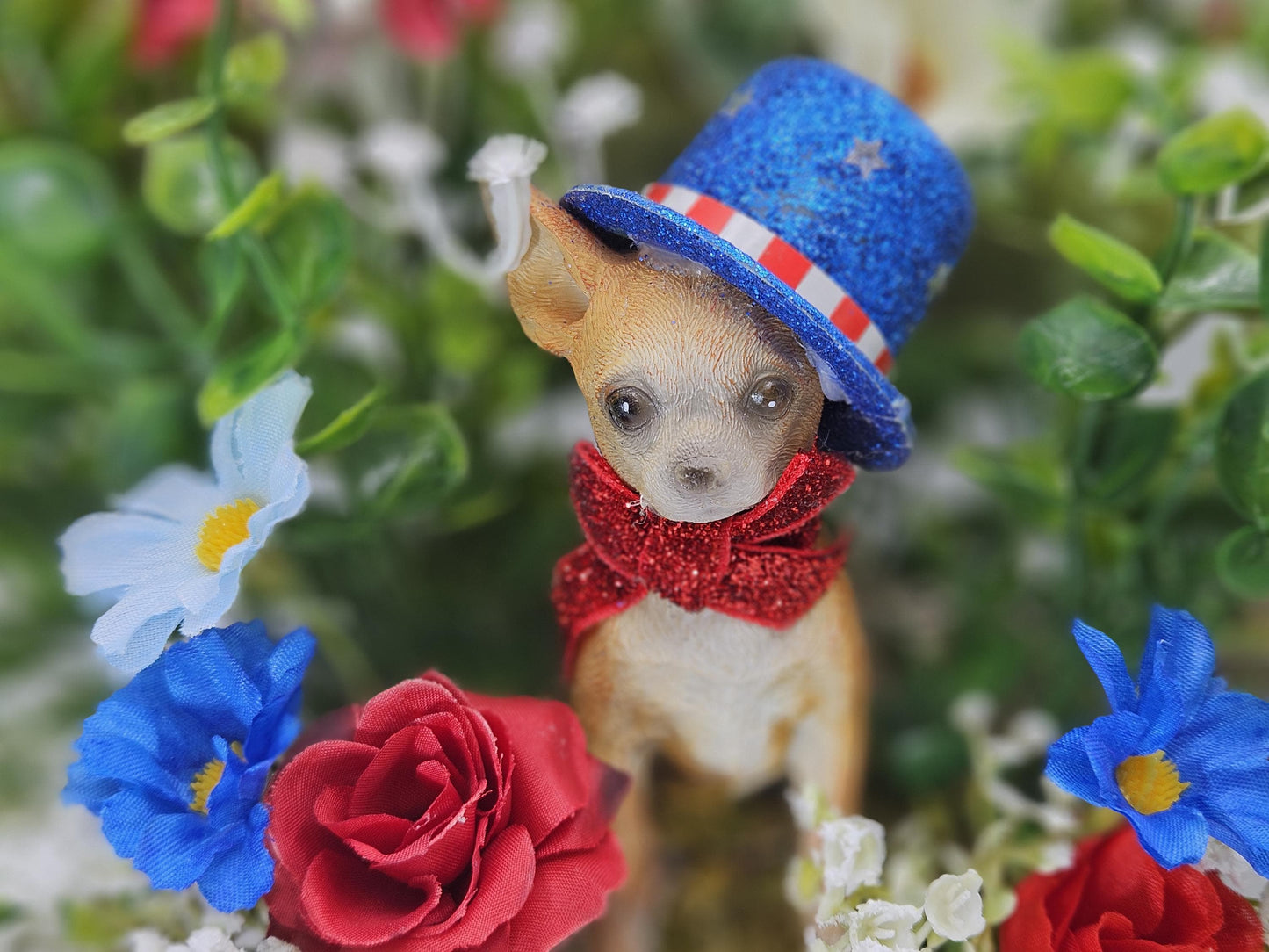 Dog Lovers Patriotic Florals/Two Options/Bully Type Dog or a Chihuahua Set in a  Star Shaped Dish wRed/White/Blue Flowers/Patriotic Accents