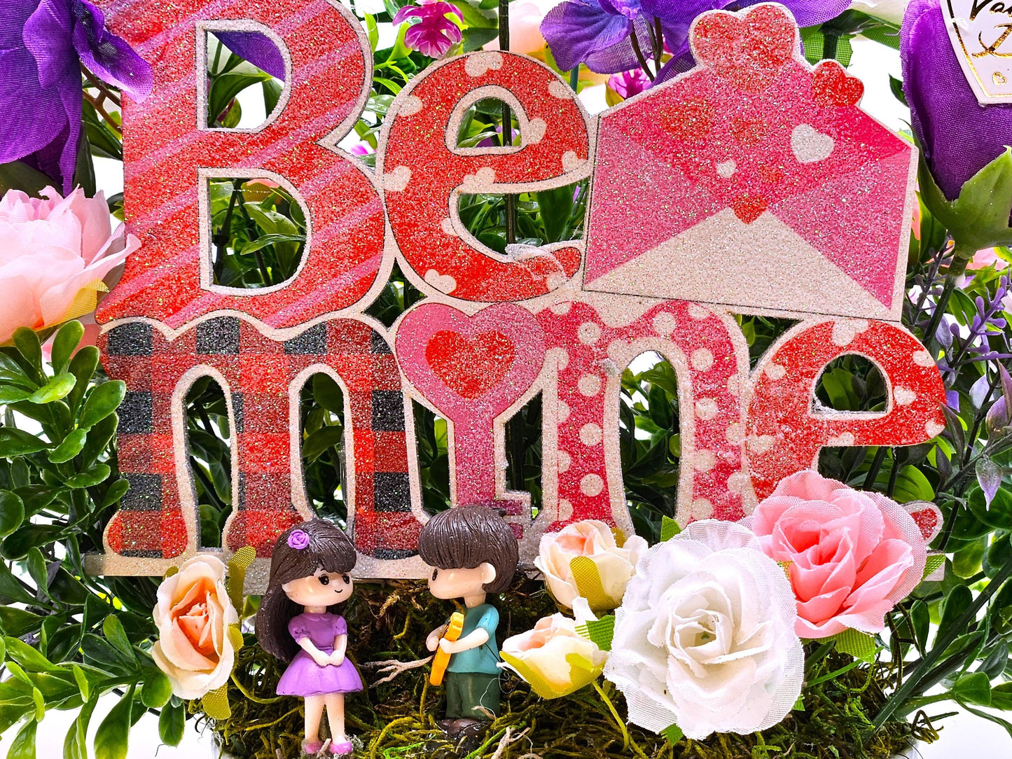 Romantic Bee Mine Card, Valentine Day Greeting, Pink Purple Greenery Scene, Couple in Love, Heart Flowers