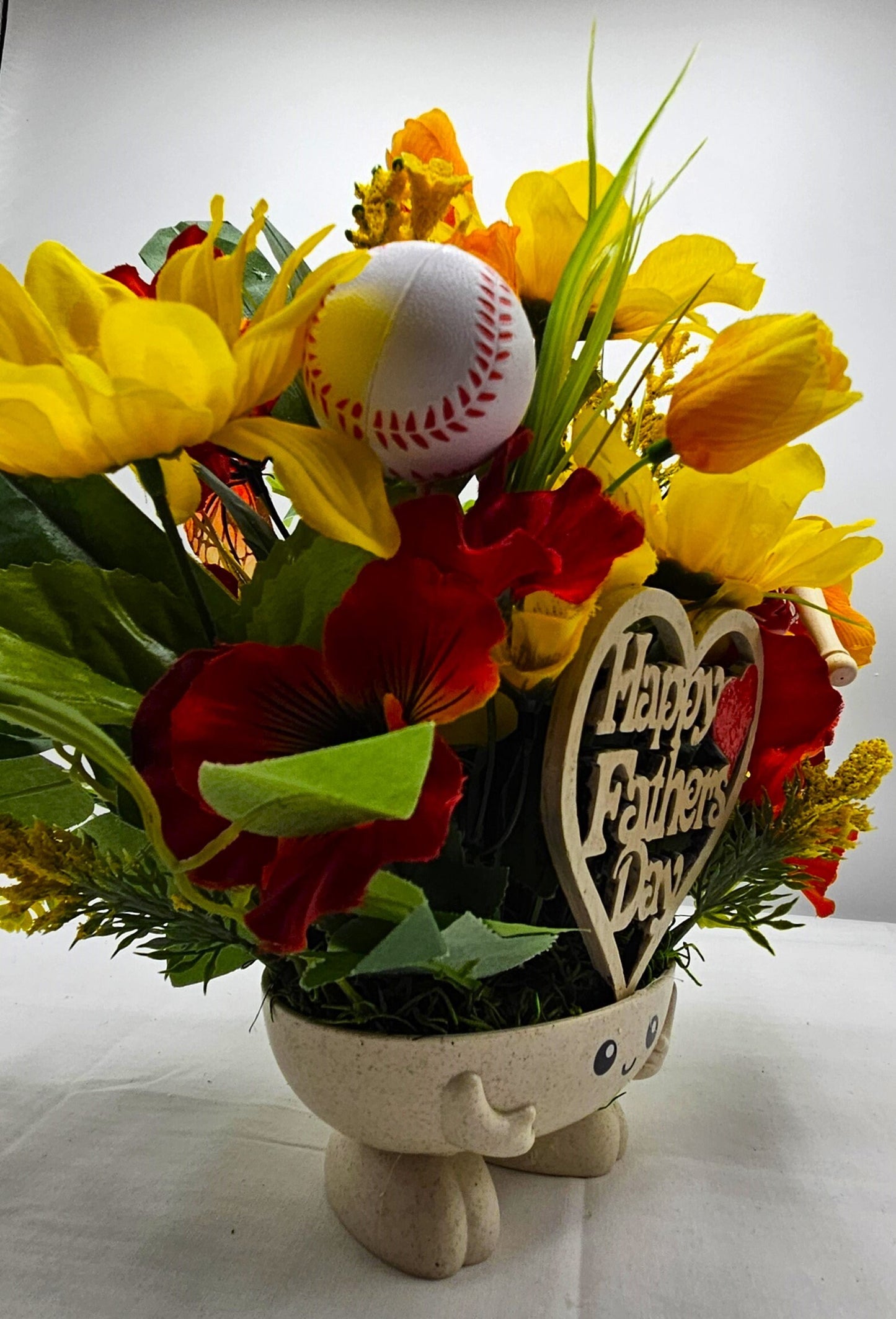 Happy Father's Day Floral Display - Baseball Dad Theme with Rustic Wooden Sign - Unforgettable Dad Gift"