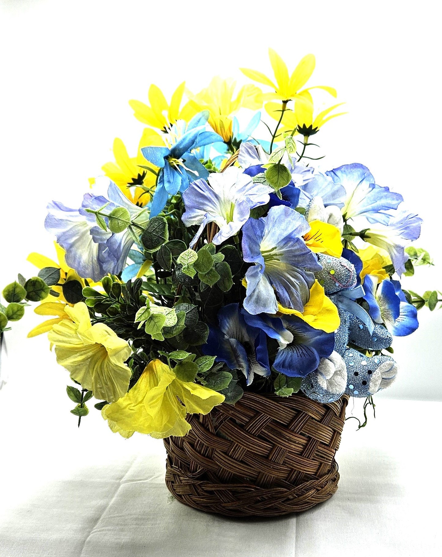 Blue Rabbit In Blue Handmade Spring Flowers Arrangement, Summer Flower Decor, Natural Wicker Basket, Glittery Flowers, Yellow Lilies decor
