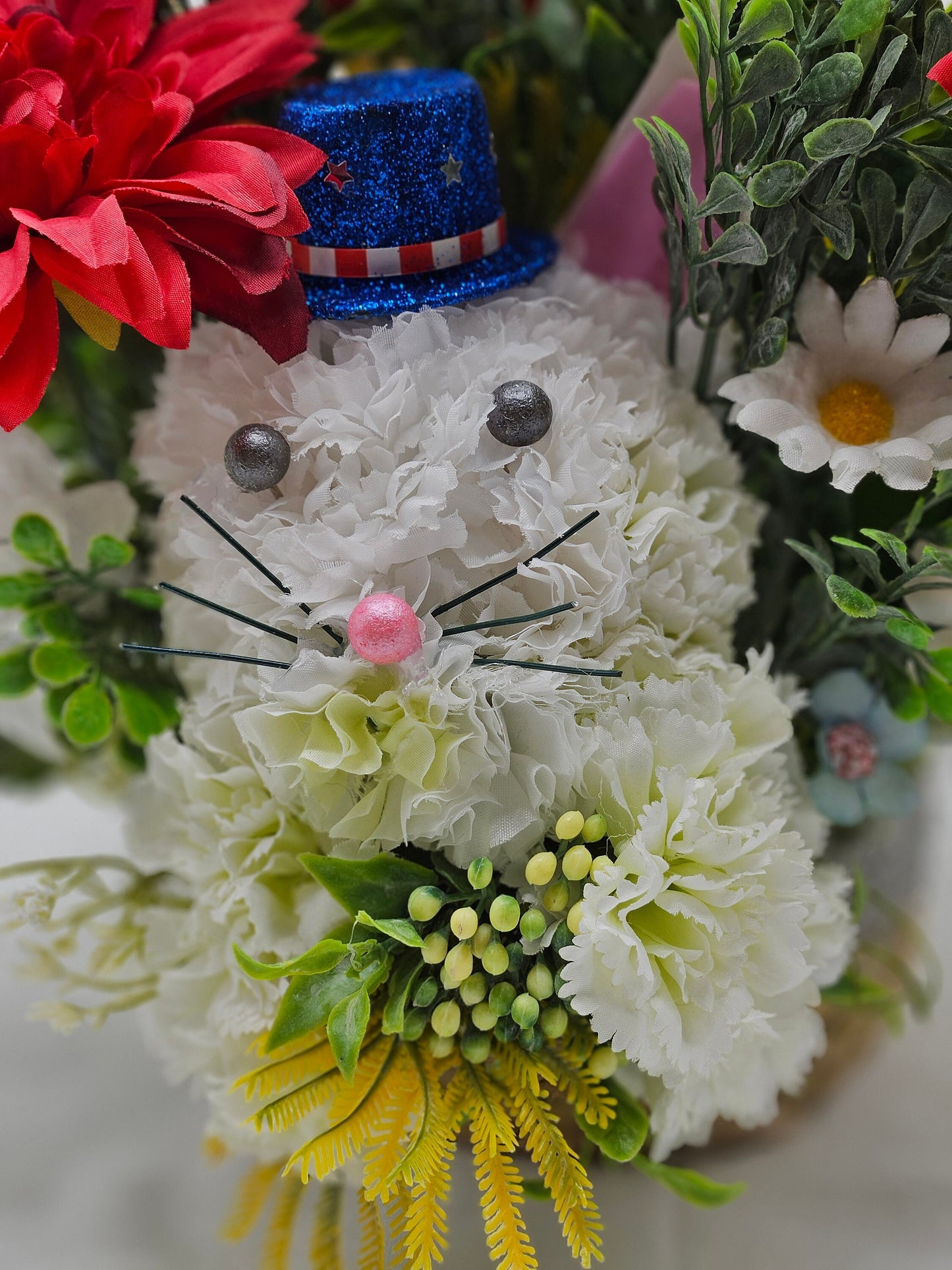 Handmade Carnation Flower Cat, White with Gray Pearl Eyes, Pink Pearl Nose, American Tophat in Red/White/Blue Floral Garden, Patriotic Pride