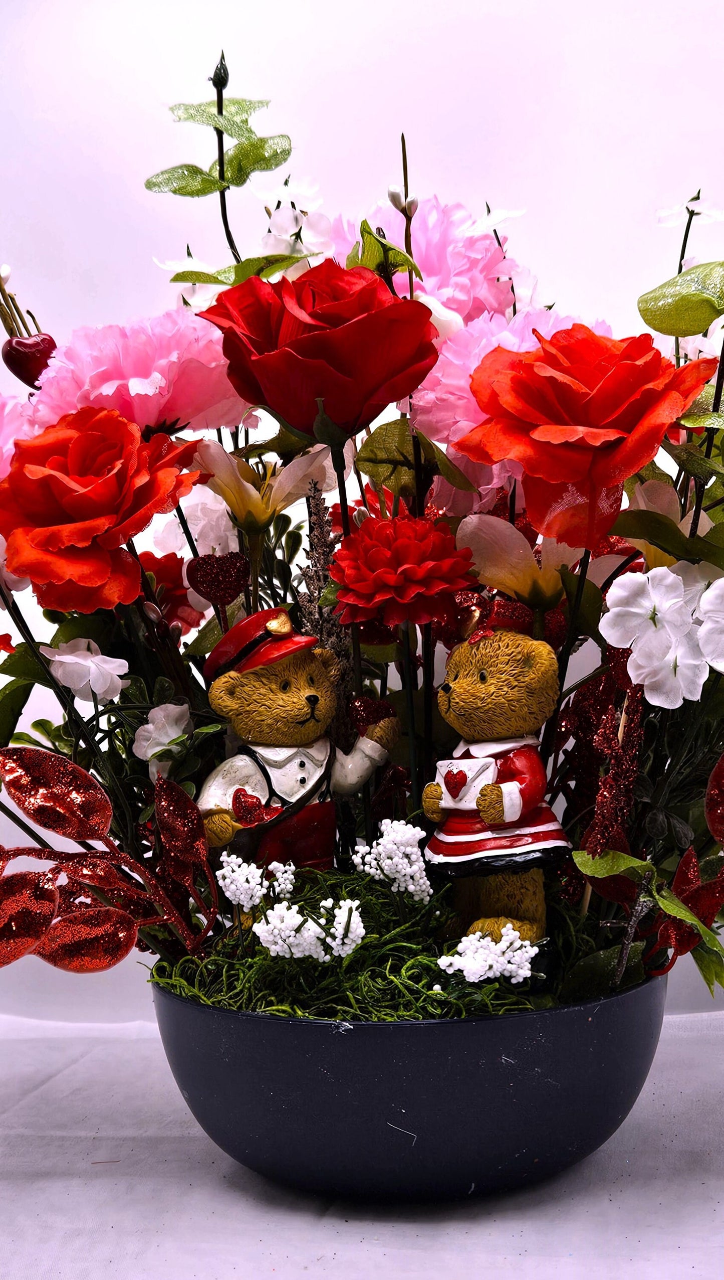 Romantic Centerpiece Sweetheart Bears, Bear Figures with Red Roses, Pink Carnations, Valentine's Gift