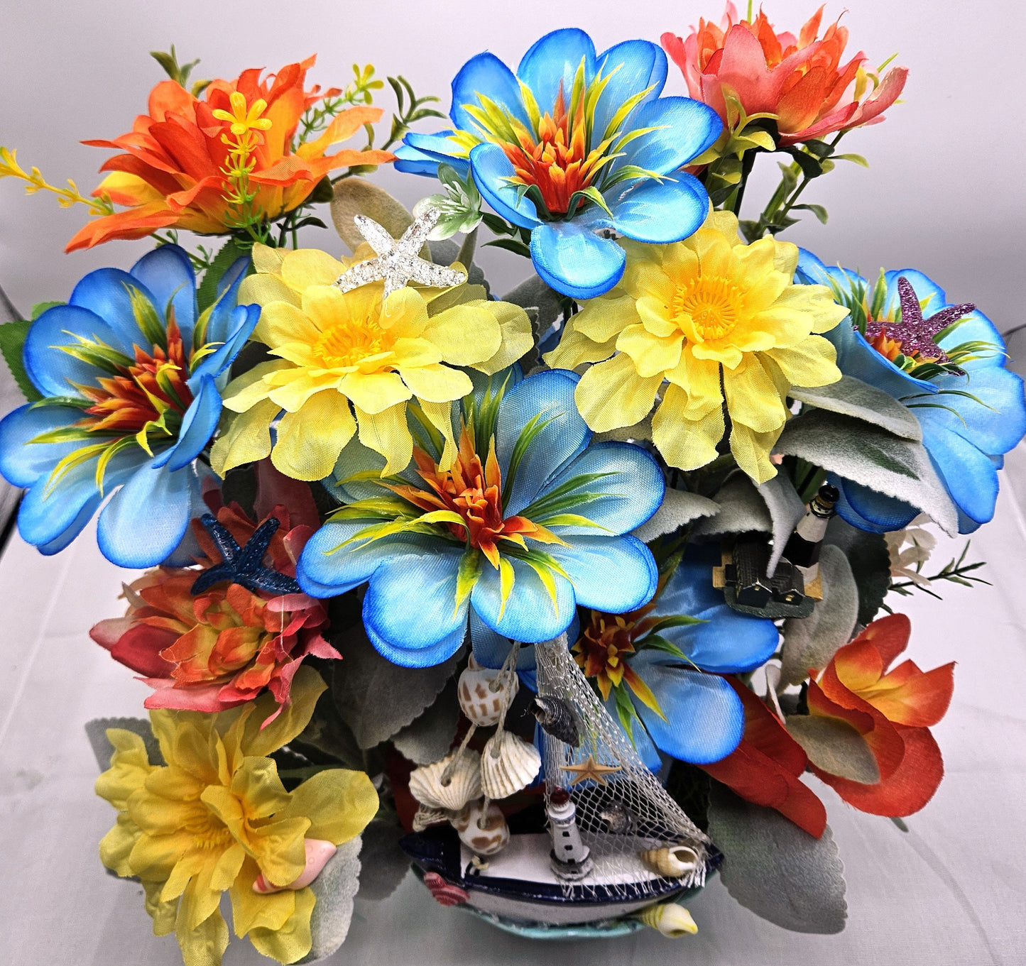 Seaside Serenity Coastal Decor, Sailboat and Lighthouses, Teal/Aqua Flower Arrangement, Beach Lover Gift, Sea Life Decor