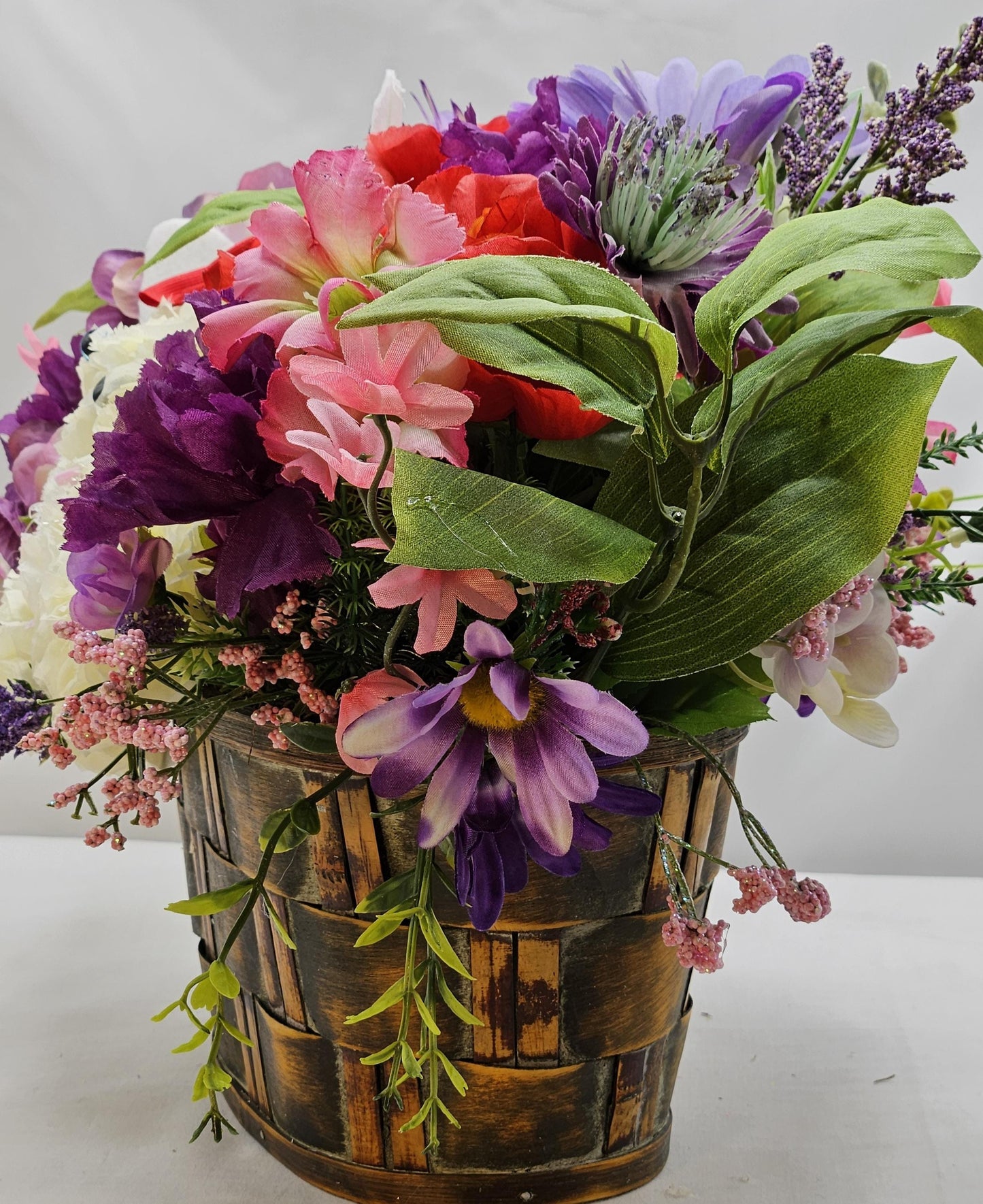 Handmade Carnation/Mum Flower Dogs/Two Options, in Box or Basket, Pieces filled w/Multi-Colored Sprimg/Summer Flowers/Greenery/Other Accents