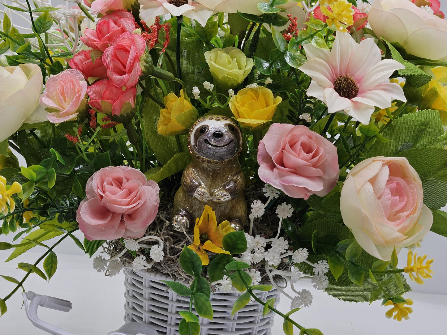 Bike Basket w/Flowers, Centerpiece/Gift/2 Choices/Cheerful Sloth/Cute Puppies/Blue/w White or White w/Pink/Yellow/White/Vibrant Florals