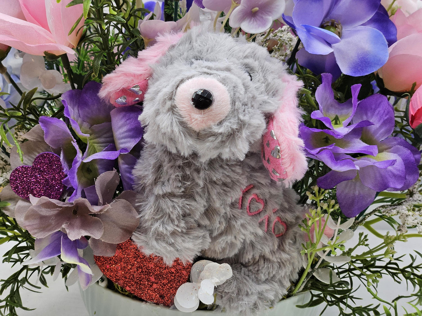 Valentine Romantic Decor, Fluffy Grey Puppy, Pink Roses Magic, Purple Flowers, White Glitter Shine, Gift, Greenery
