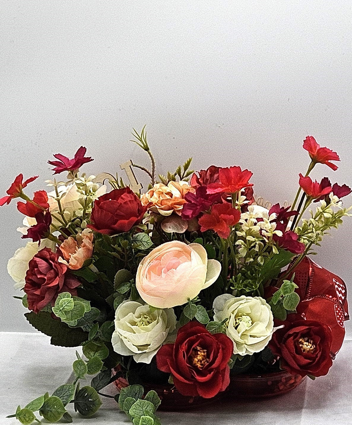 Heart-Shaped Romantic Flower Arrangement/Choose Cute Cat in Boot, Chihuahua Pups, or Big Bow/with Assorted Florals & Heart Love Signs