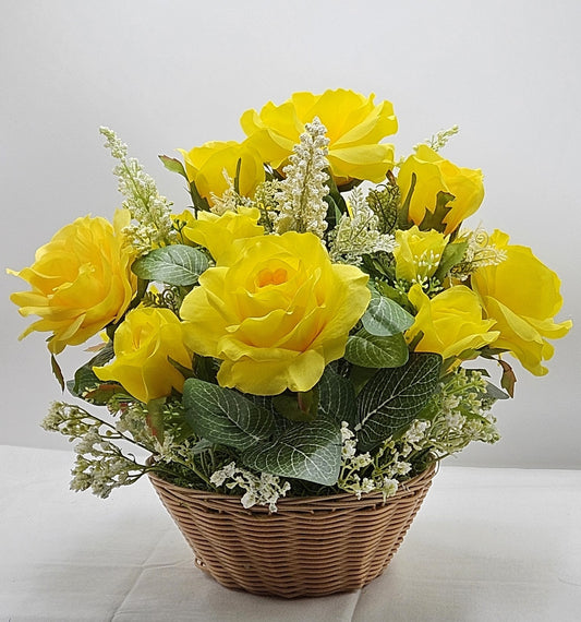 Floral Elegance for Mom - Yellow Roses and Baby's Breath Centerpiece, Ideal Mother's Day Gift for Home