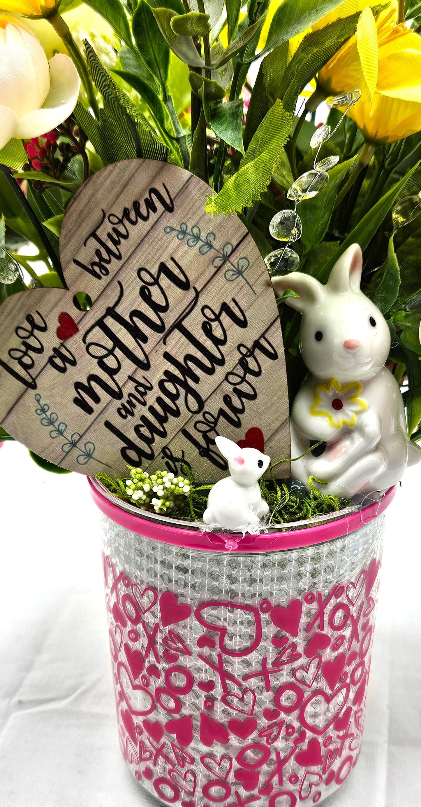 Momma & Baby Rabbits Floral Centerpiece, Heart-Deco Pot with Pink/Yellow Blossoms - Mother's Day Gift, Birthday for Her Gift