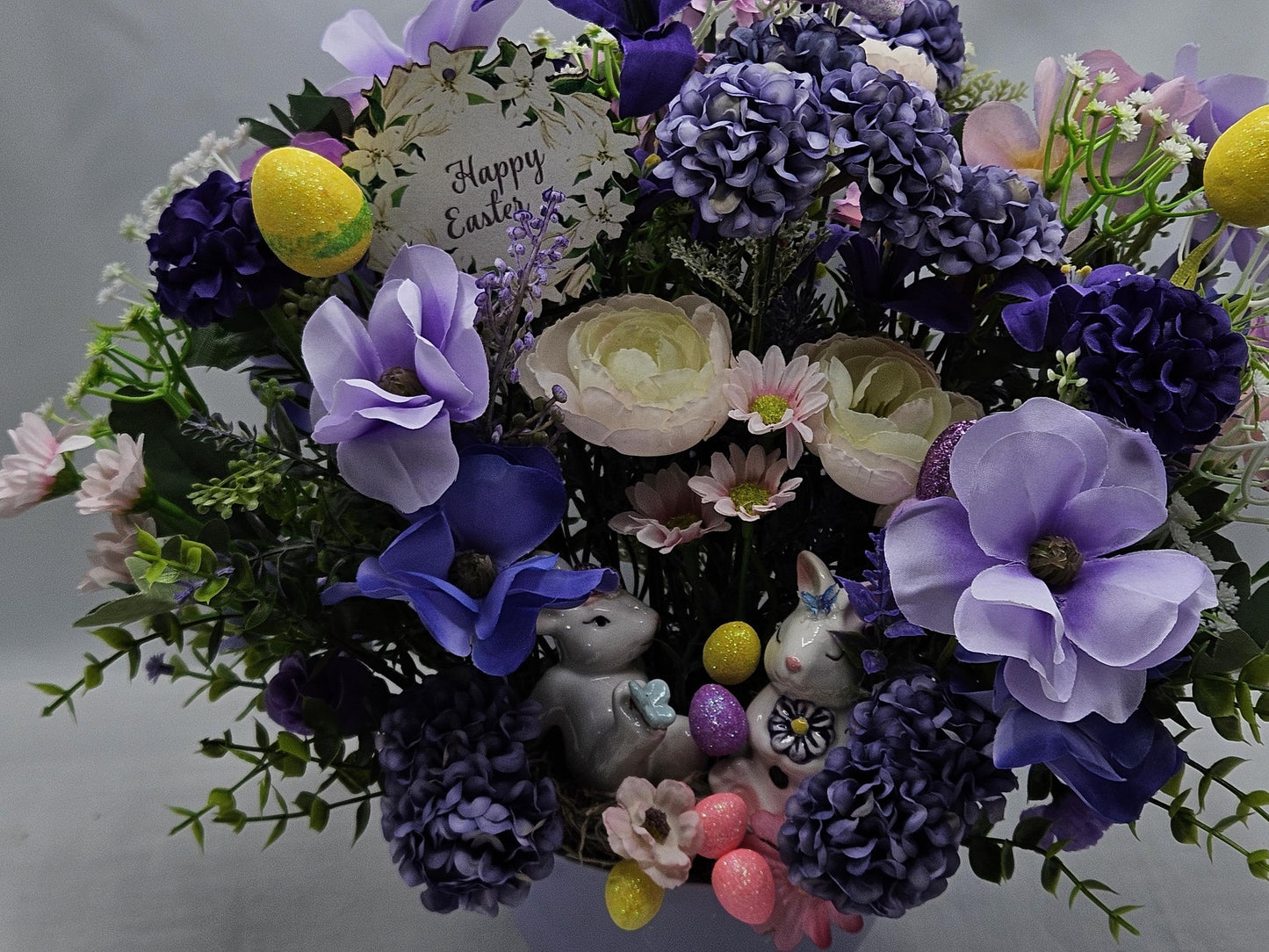 Easter/Spring Flower Arrangement/Purples/Lilac Flowers/Greenery/Cute Bunny Couple/Glittery Eggs/Happy Easter Sign/Easter Accens/Lilac Dish