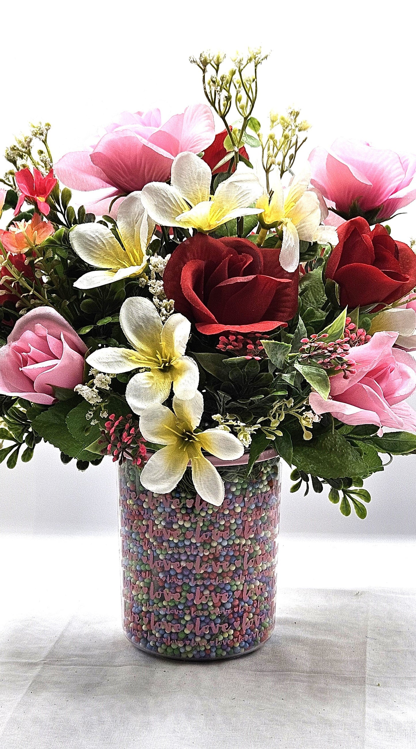 Elegant Kissing Couple Romantic Flower Arrangement for a Touch of Romance, Red/Pink/White Flowers