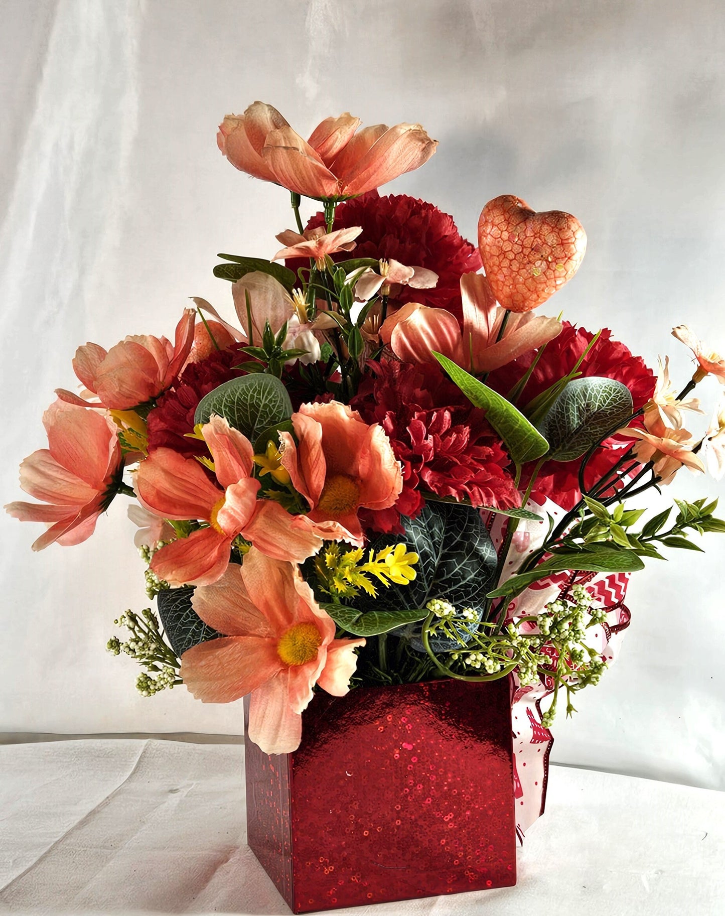 Romantic Flower Arrangement with White Bear Set in Red Gift Box - Red Carnations, Peach/White Florals, Glitter Hearts, and a Beautiful Bow"