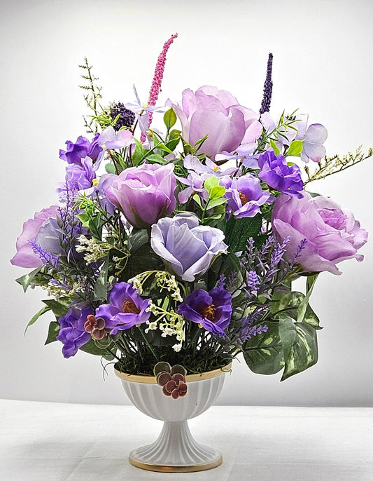 Lilac Rose and Baby's Breath Centerpiece in Footed Dish - Sophisticated Table Accent, Great for Mother's Day or Hostess Gift