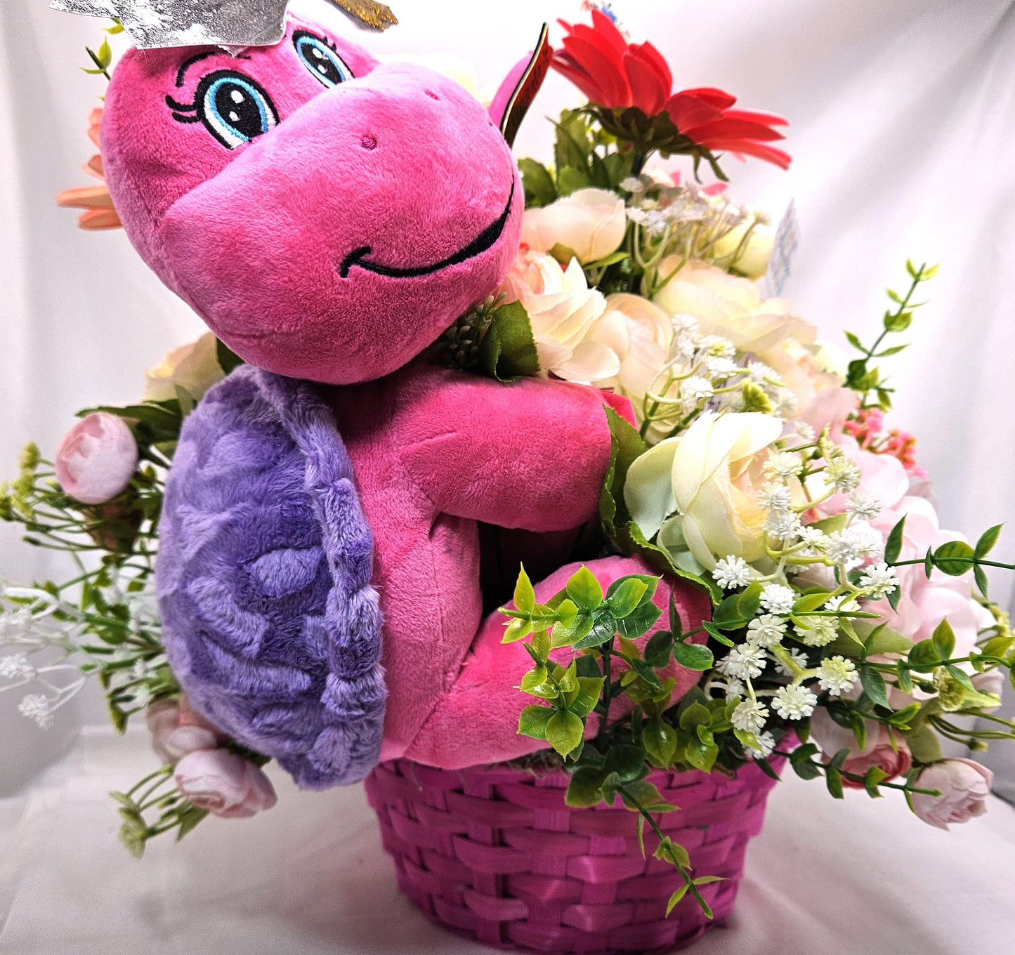 Turtle Lover Graduation Centerpiece/Whimsical Stuffed Pastel Turtle/Pink Wicker Basket/Ranunculus/Roses/Hydrangea/Pinks/White/Congrat Notes