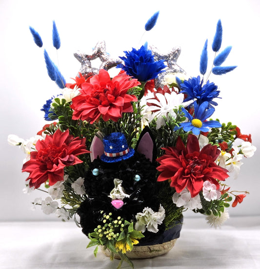 Black Silk Carnation Cat, Patriotic Hat, Pink Nose, Blue Eyes, Garden Cat Decor, Red White Blue Flowers, Cat Lover Gift