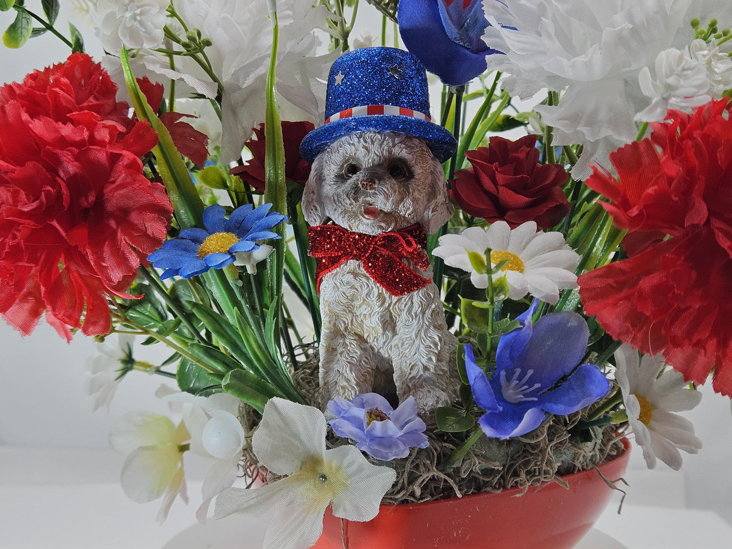 Patriotic Flower Arrangement, Heart-Shaped Dish, Red White Blue Flowers, Patriotic Decor, Celebrative Gift