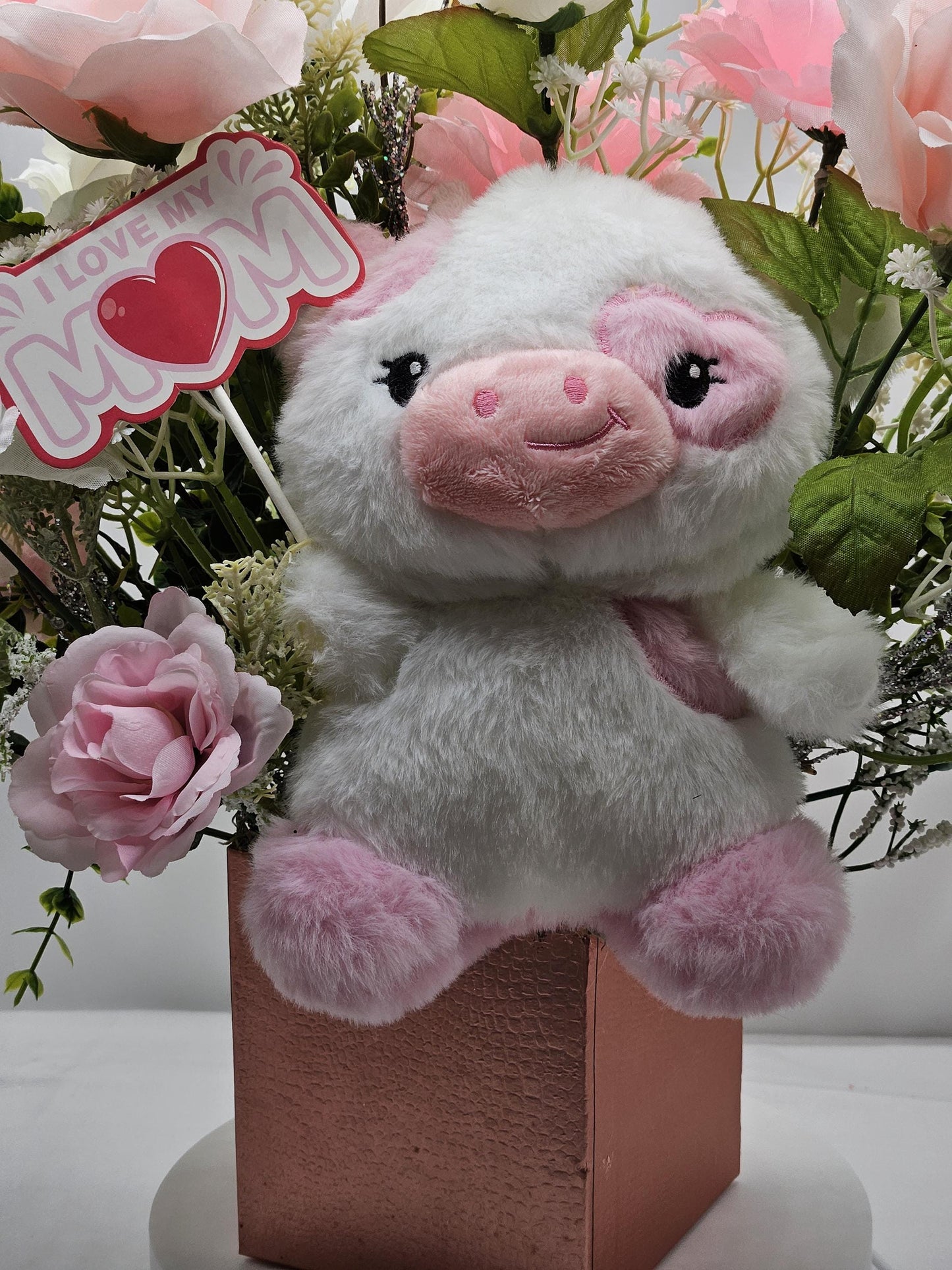 Gift Box of Flowers, Cute Pink/White Cow w/sign I Love My Mom Sign Amidst Elegant Carnations/Roses in Box, Great Gift Idea for any Occasion
