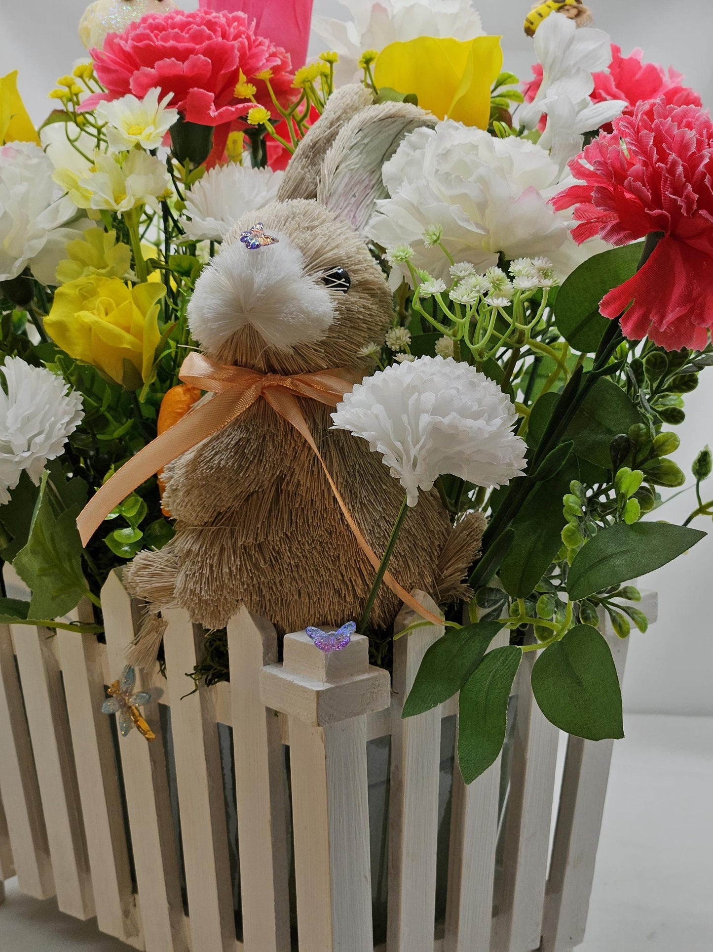 Spring/Summer Floral in Picket-Fence Look Flower Pot/with Bunny/Butterflies/Bee/Birds/Roses/Carnations/Other Vibrant Flowers/Greens