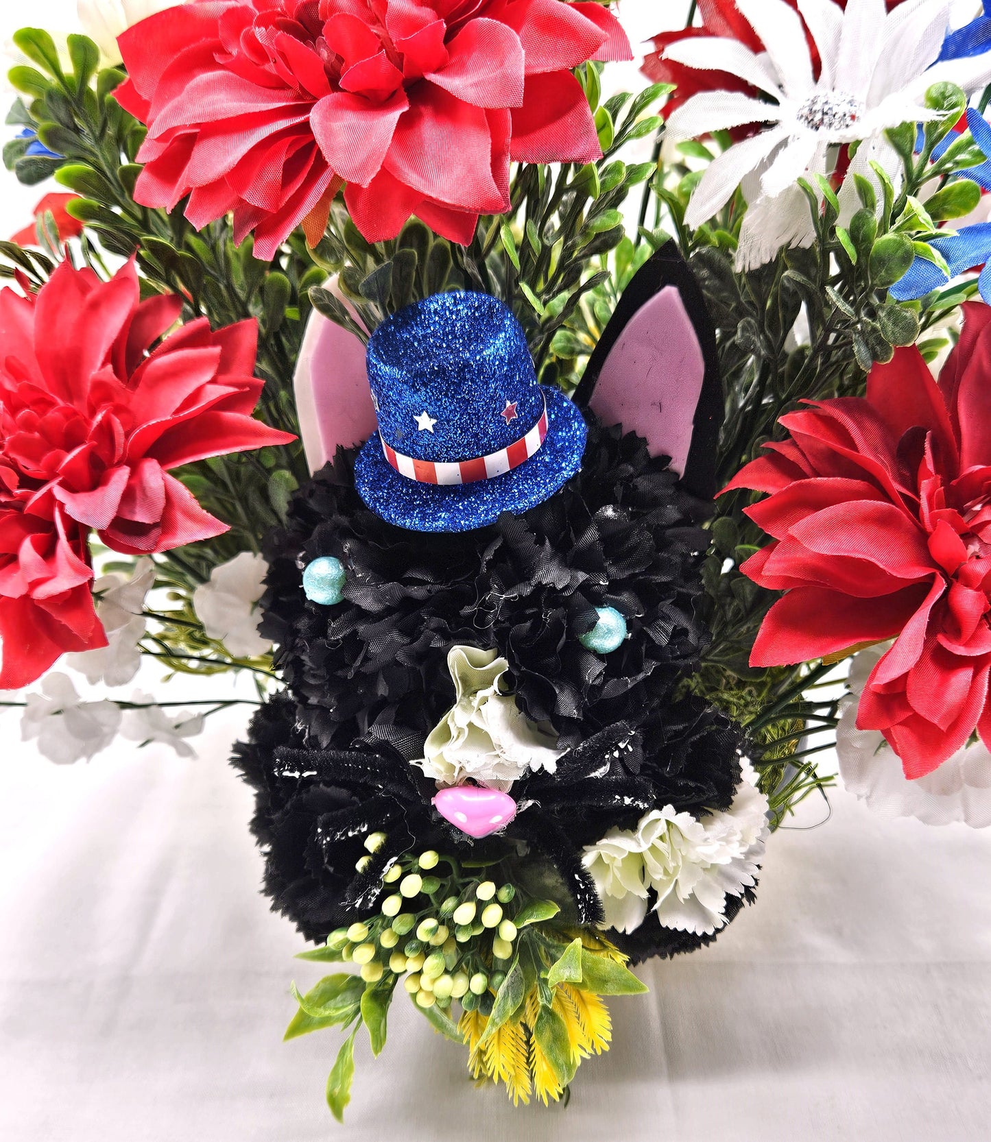 Black Silk Carnation Cat, Patriotic Hat, Pink Nose, Blue Eyes, Garden Cat Decor, Red White Blue Flowers, Cat Lover Gift