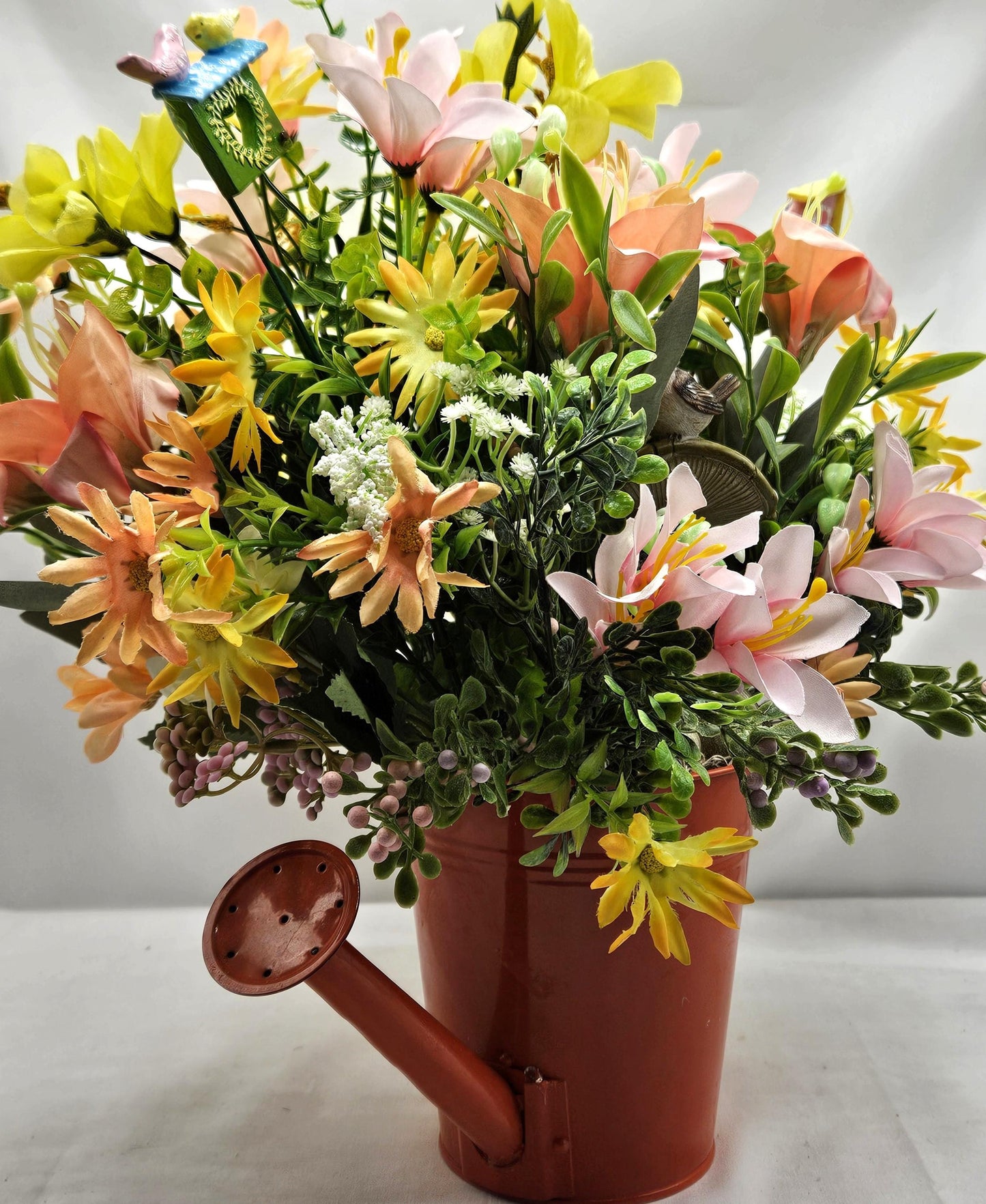 For the bird lover, Spring/Summer Floral Arrangement Set in Orange Watering Can w/Birds Atop Mushrooms/Other Bird Accents/Colorful Flowers