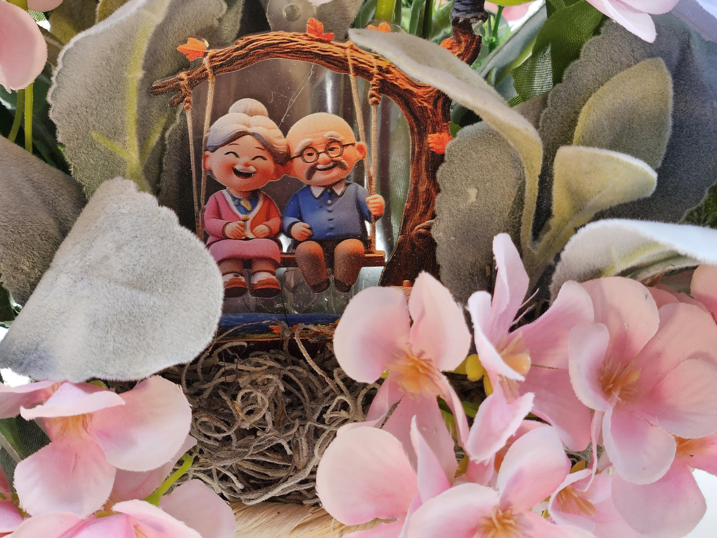 Romantic Flower Arrangement for Grandparents, Natural Woven Basket, Grandma and Grandpa on Swing, Pink Blue Florals