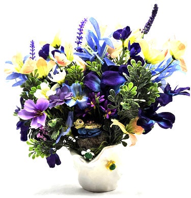 Cute Turtles Amidst a Purple and Yellow Floral Centerpiece Set in a Ceramic White Seashell, Great Gift for the Beach and Tropical Lover