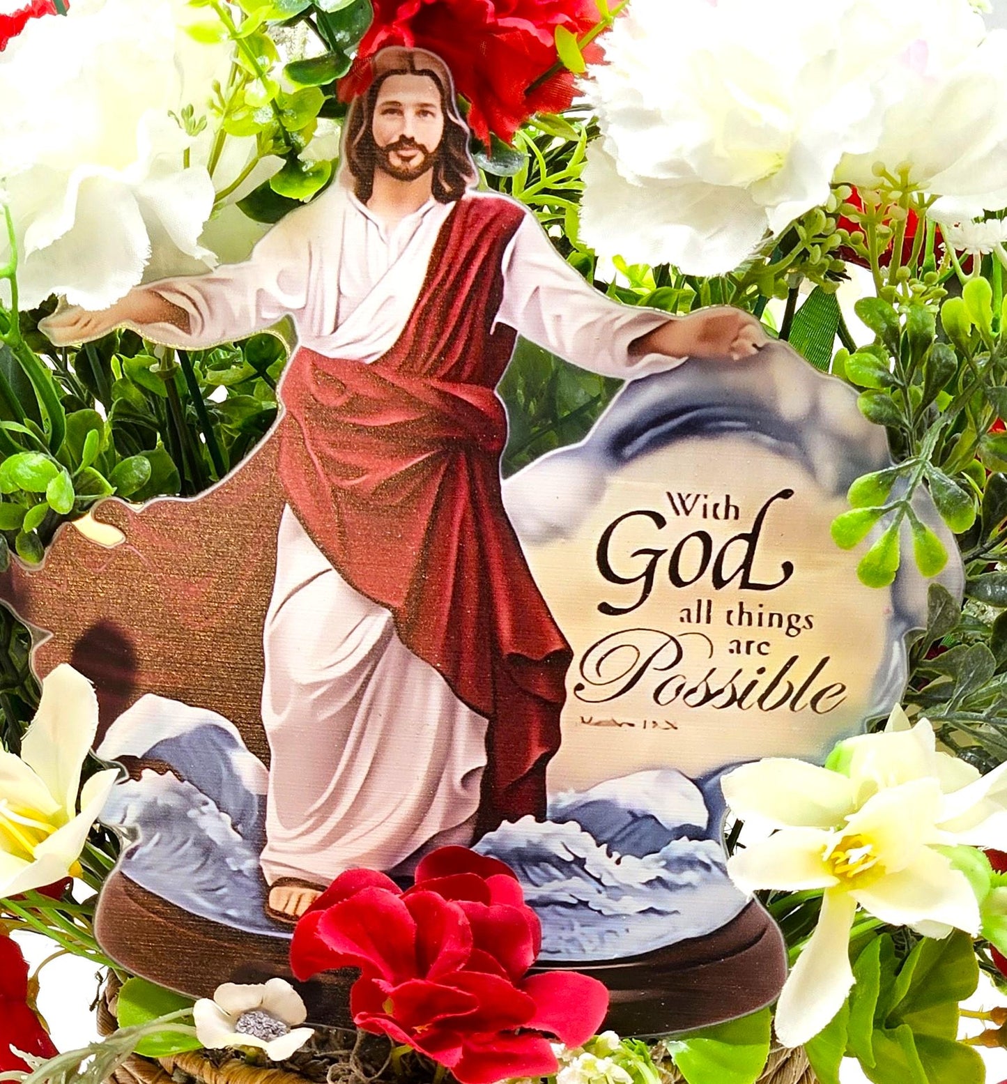 With God All Things Are Possible Flower Centerpiece Featuring Jesus Rising Within A Floral Garden of Lilies/Carnations/Added Cross Signs