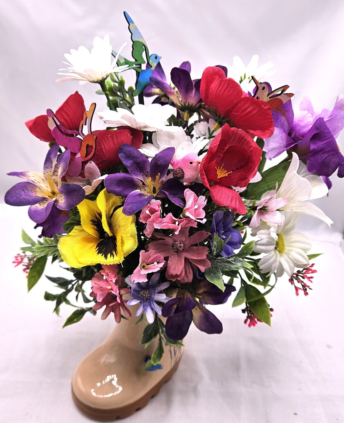 Handcrafted Rain Boot Floral Arrangement with Bird, Two Options, Spring Lover Gift, Mixed Spring Flowers
