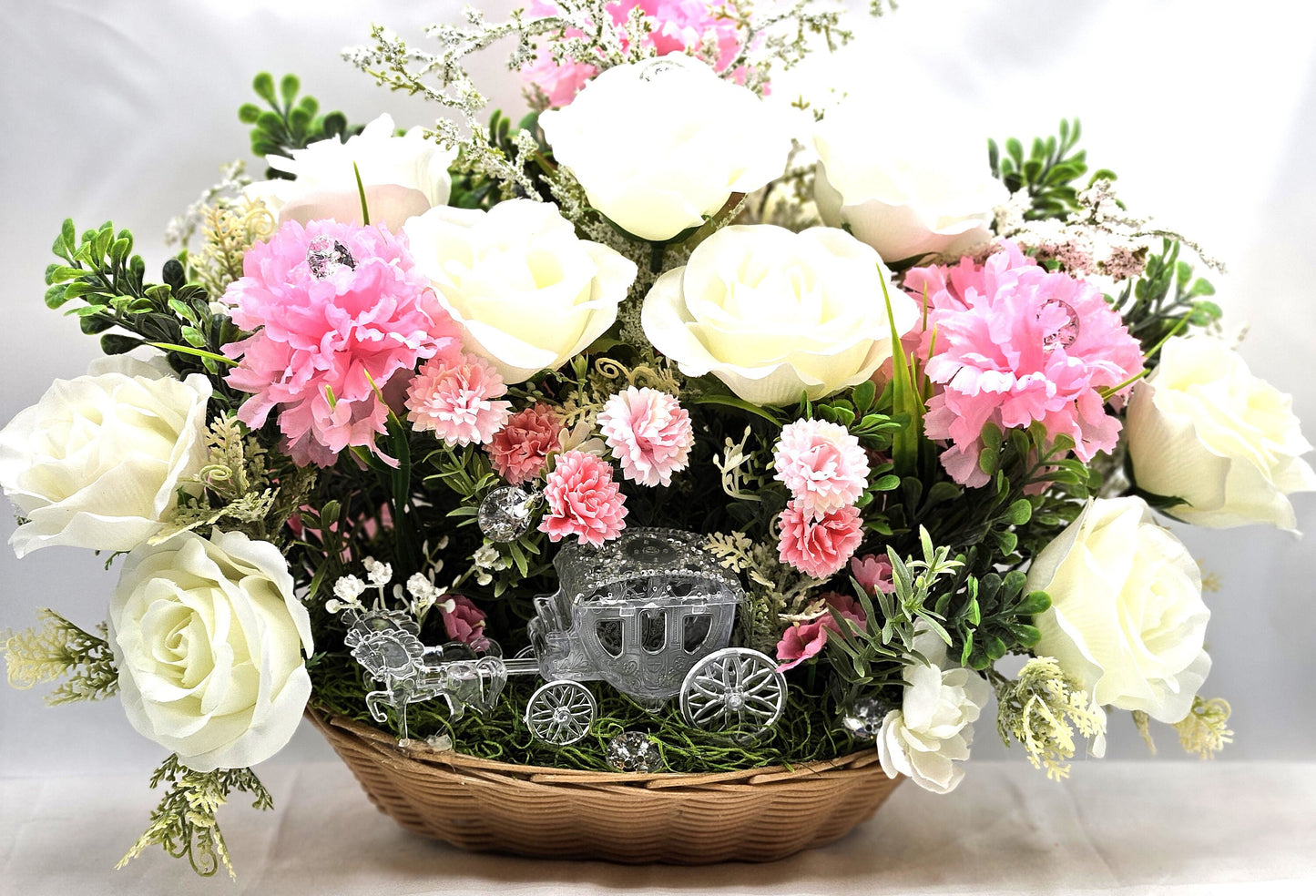 Crystal-Like Horse and Buggy, Princess Carriage, Floral White Roses, Pink Carnations, Sparkle Accents, Bridal Decor