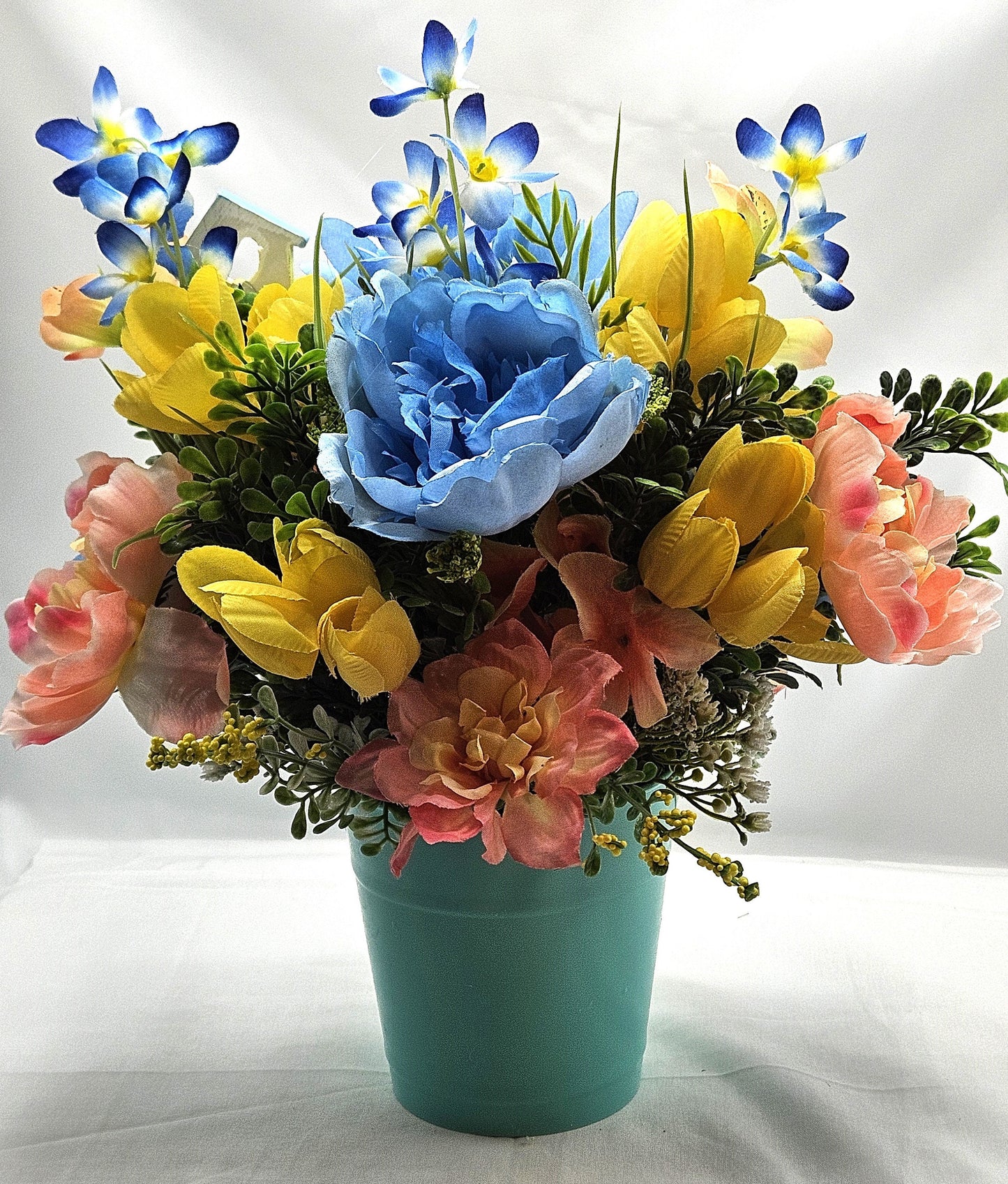 Bird Inspired Flower Arrangement in an Aqua Blue Pot with Peach/Blue/Yellow Flowers, Birid Accents, Bird Lover Gift, Great Home Gift Idea