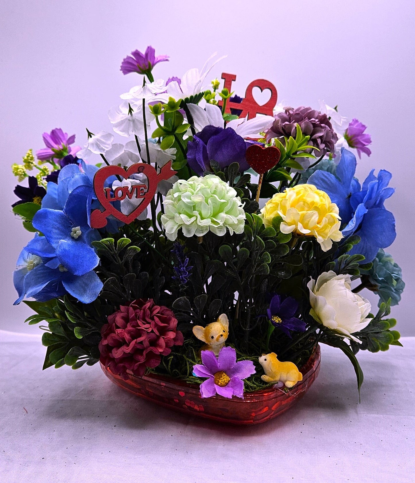 Heart-Shaped Romantic Flower Arrangement/Choose Cute Cat in Boot, Chihuahua Pups, or Big Bow/with Assorted Florals & Heart Love Signs