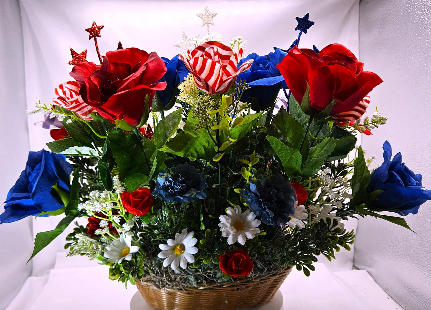 Patriotic Floral Garden Decor, Red White Blue Roses, Carnation Flower Dogs, Sparkly Stars Accents, God Bless America