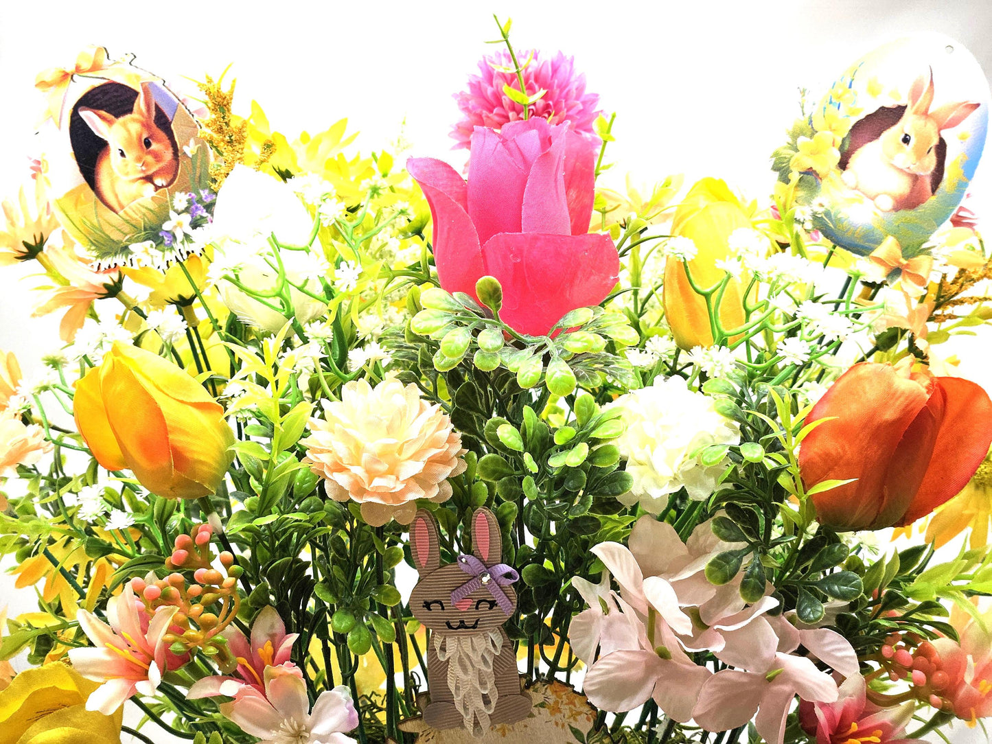 Cheery Hello Spring Floral with Cute Rabbits, Pansies, Daisies, Tulips and Other Vibrant Wildflowers in an Elegant Plastic Footed Bowl