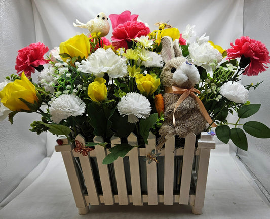 Spring/Summer Floral in Picket-Fence Look Flower Pot/with Bunny/Butterflies/Bee/Birds/Roses/Carnations/Other Vibrant Flowers/Greens