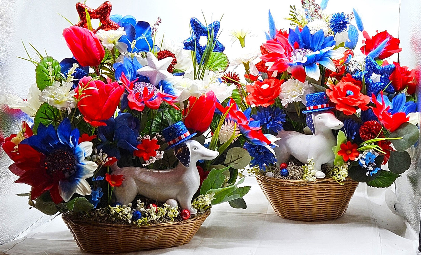 Red White Blue Weiner Dog Flower Arrangement, Patriotic Dachshund Decor, American Hat, God Bless America Gift