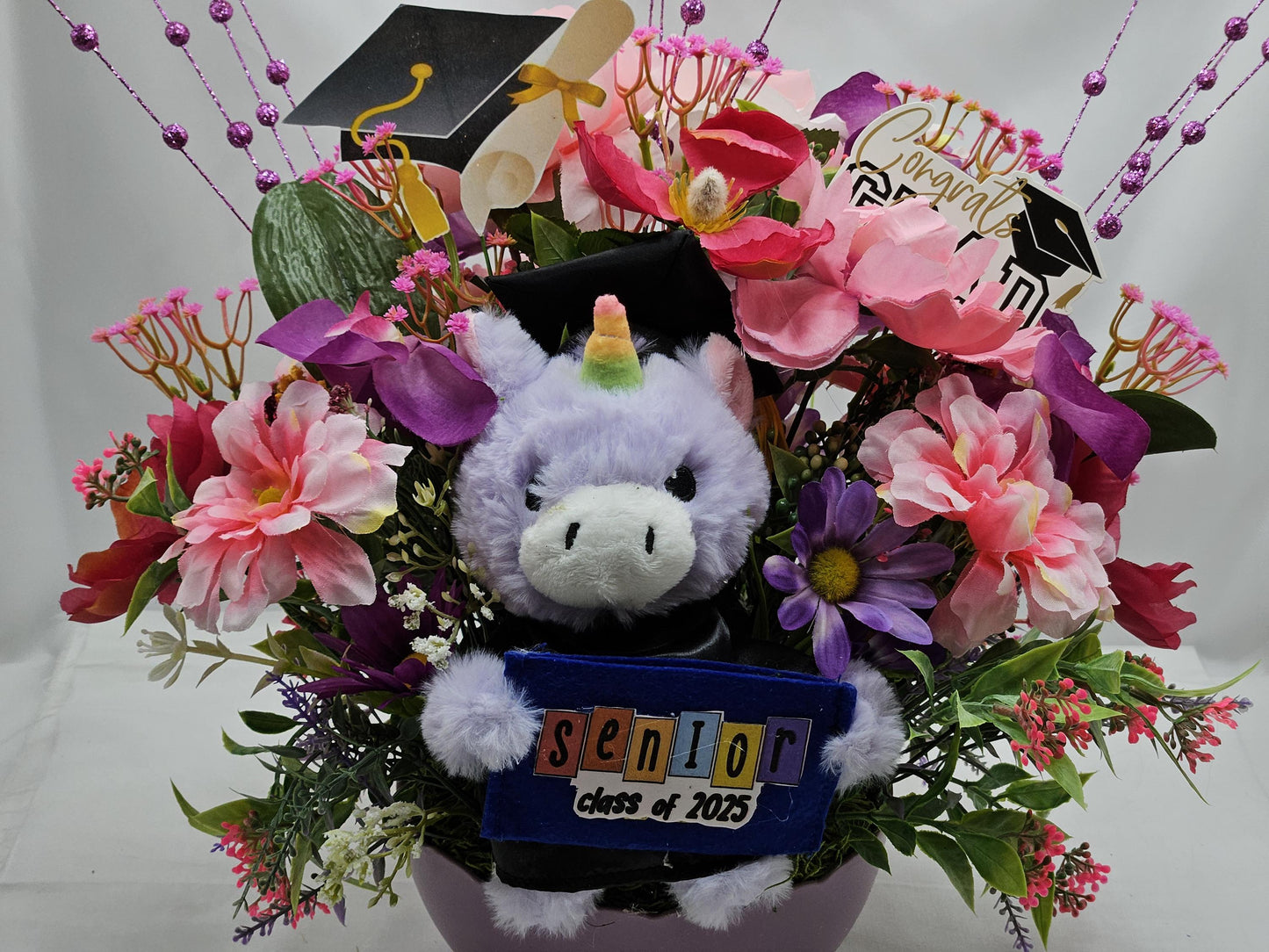 Graduation Flower Arrangement and Gift Card Holder, Unicorn Bear Graduation, Pink/Purple Flowers, Gift for Graduate, Graduation Celebration