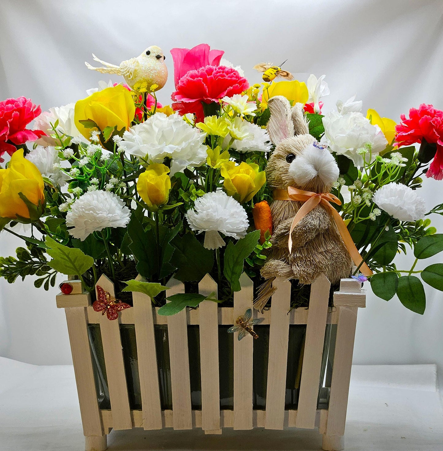 Spring/Summer Floral in Picket-Fence Look Flower Pot/with Bunny/Butterflies/Bee/Birds/Roses/Carnations/Other Vibrant Flowers/Greens