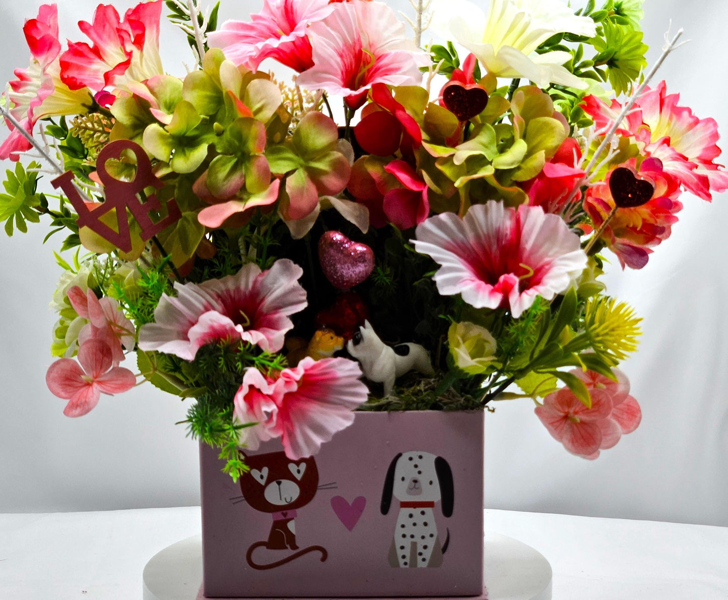 Paw-Fect Togethe Romantic Floral Gift in Decorated Box, Puppy Figures/Hearts/Pink/Green Flowers/White Glitter Accents/Love Gift