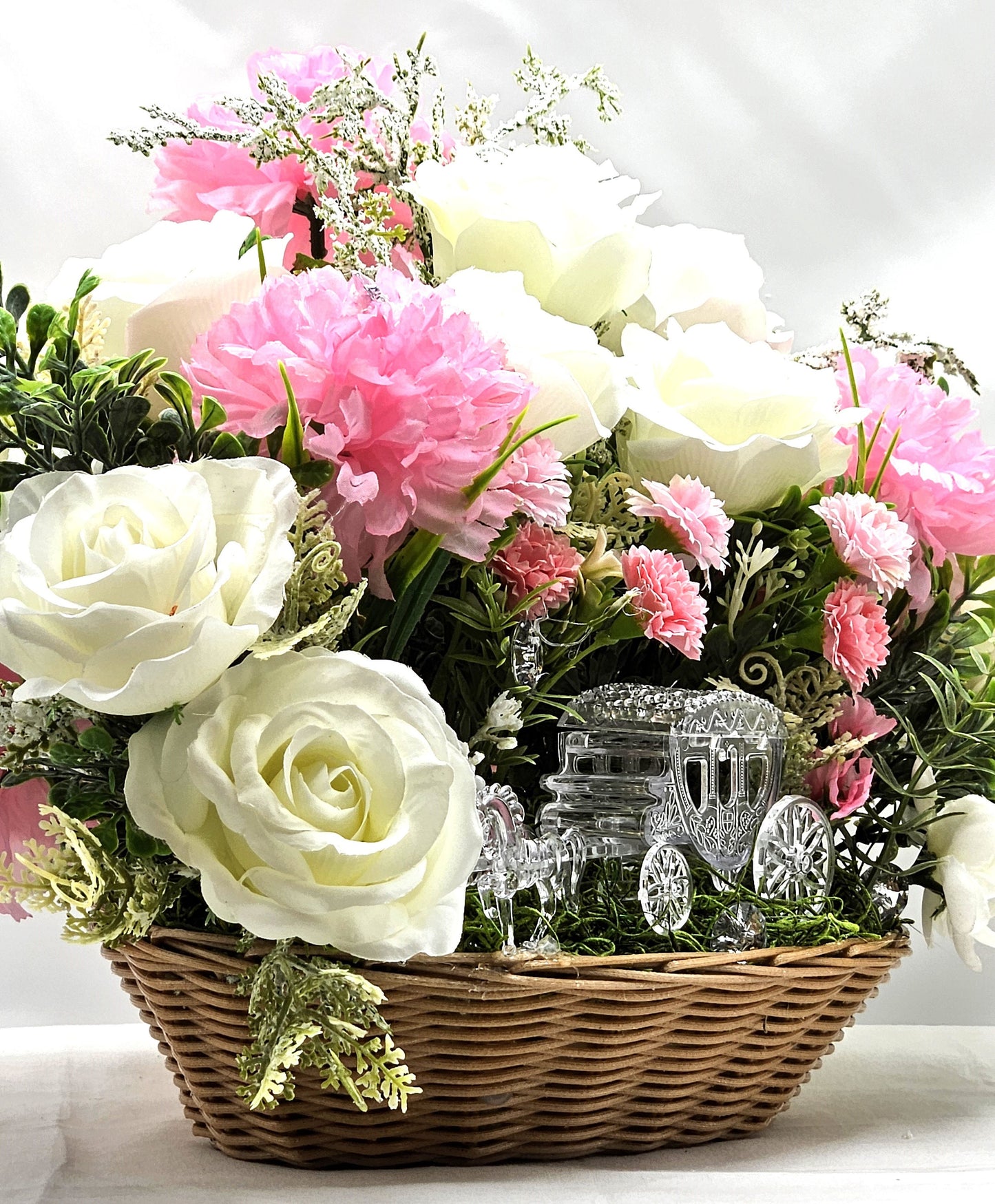 Crystal-Like Horse and Buggy, Princess Carriage, Floral White Roses, Pink Carnations, Sparkle Accents, Bridal Decor
