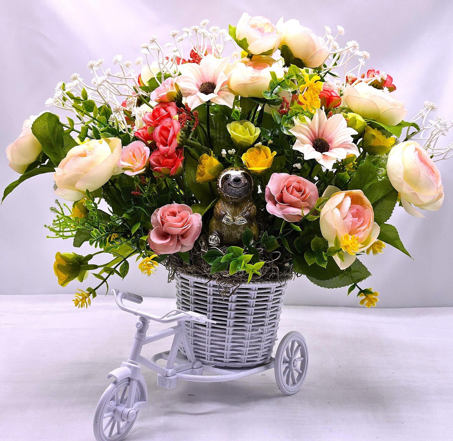 Bike Basket w/Flowers, Centerpiece/Gift/2 Choices/Cheerful Sloth/Cute Puppies/Blue/w White or White w/Pink/Yellow/White/Vibrant Florals