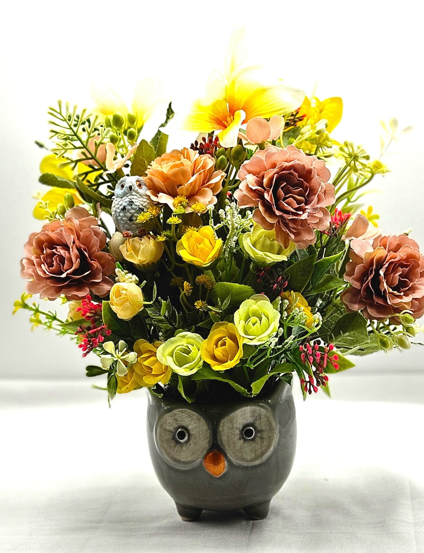 Ceramic Owl Planter, Yellow/Peach Roses/Various Other Flowers, Owl figurine, Owl Lover Gift, Gift for Nature Lover, Gifts for Any Occasion