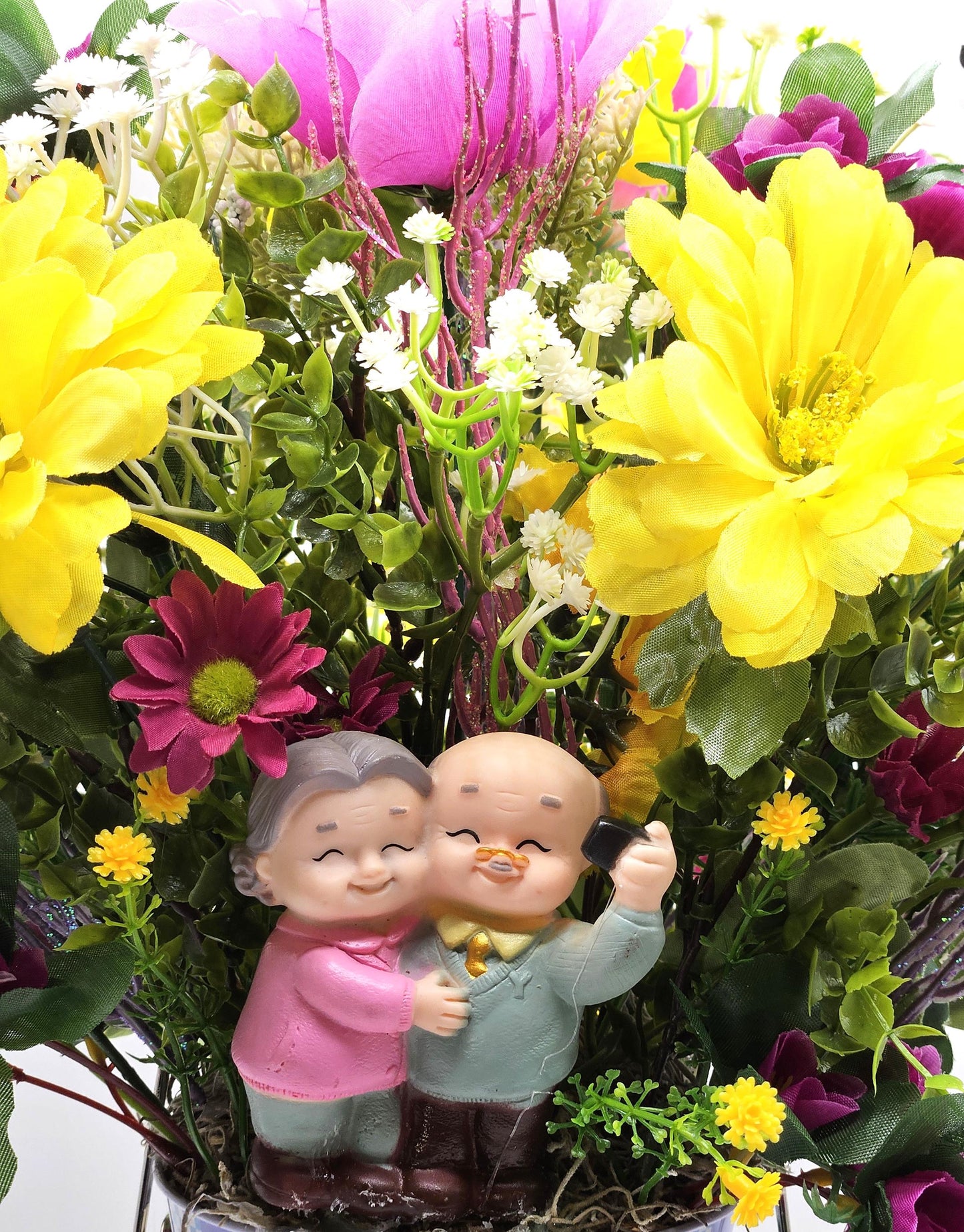 For The Special Grandma and Grandpa/Floral Design in Simple Blue Pail/Grandparents Figures at the Front of Colorful Yellow/Pink Flowers Plus